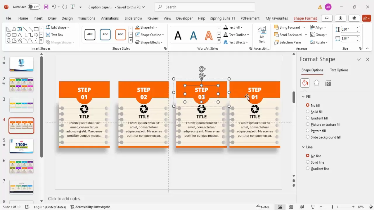 Duplicated steps with different icons and colors in PowerPoint