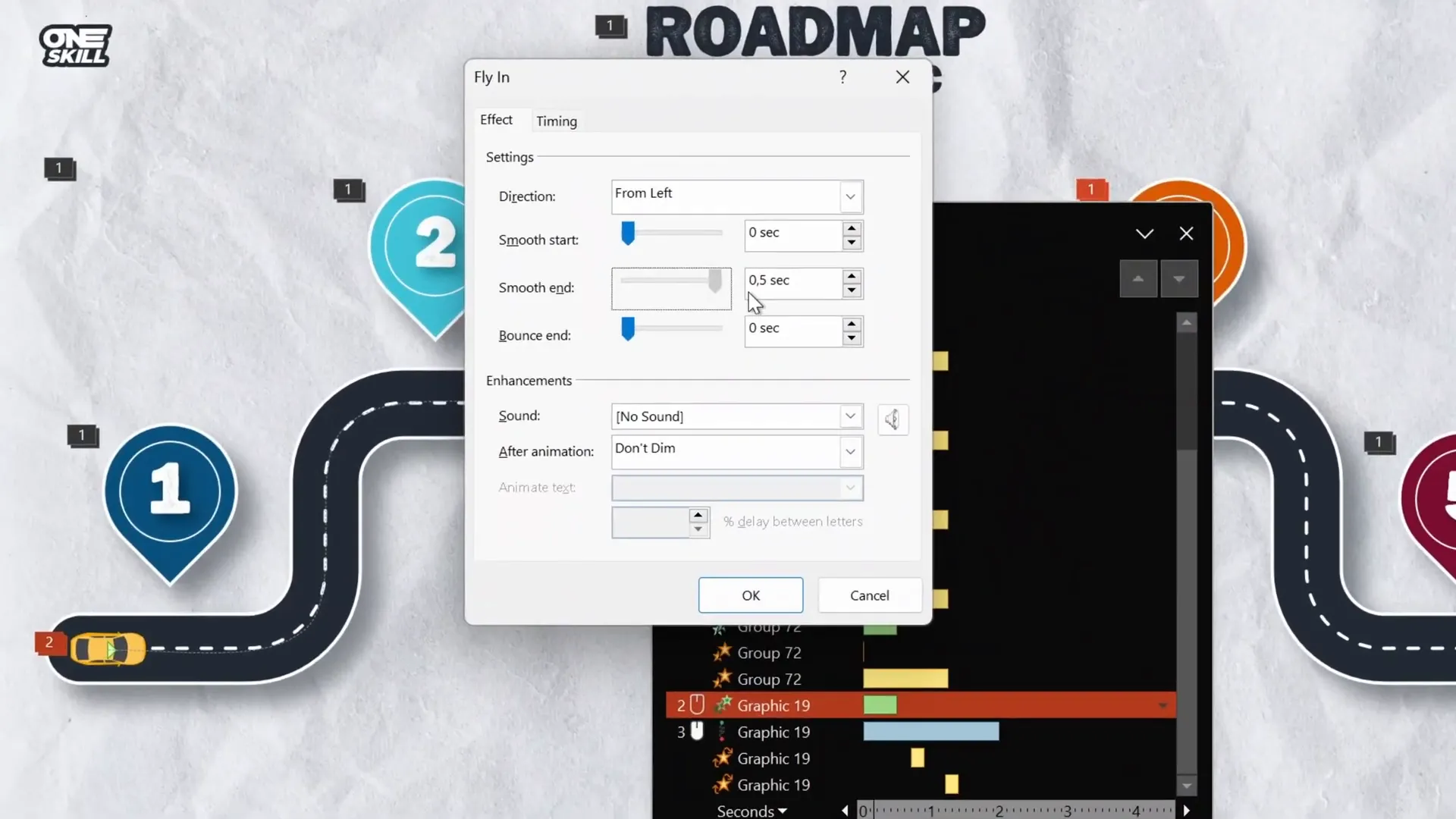 Animation pane showing car fly-in, motion path, and spin animations