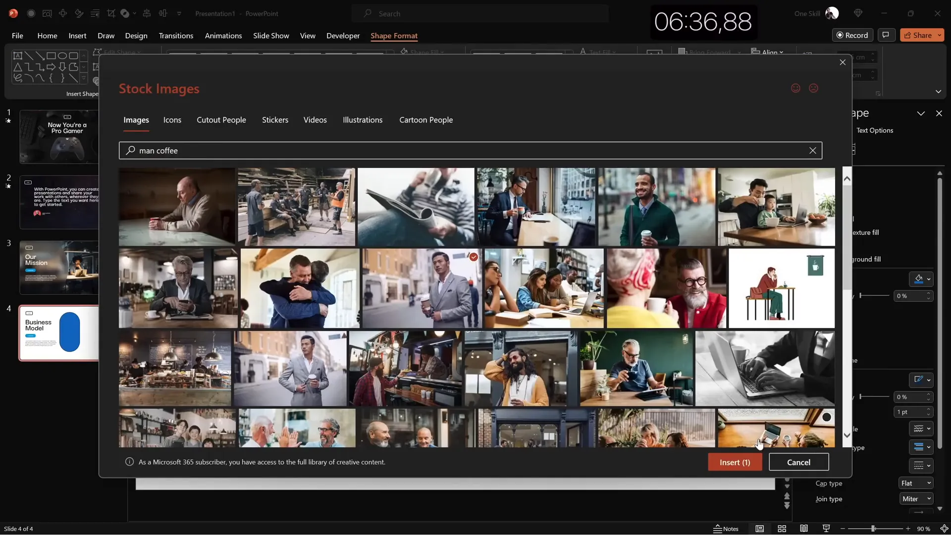 Business model slide with central photo and KPIs on the right