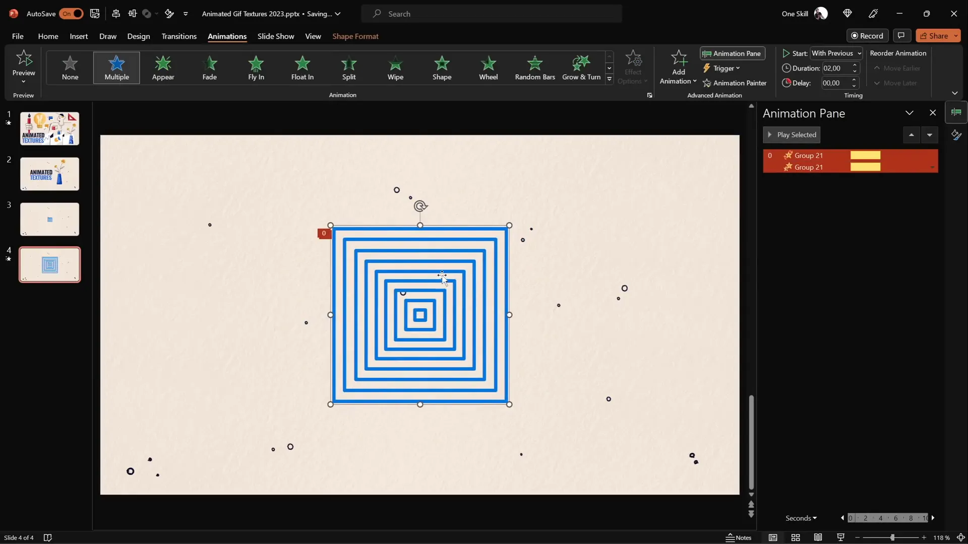 Group of squares spinning and growing with animations