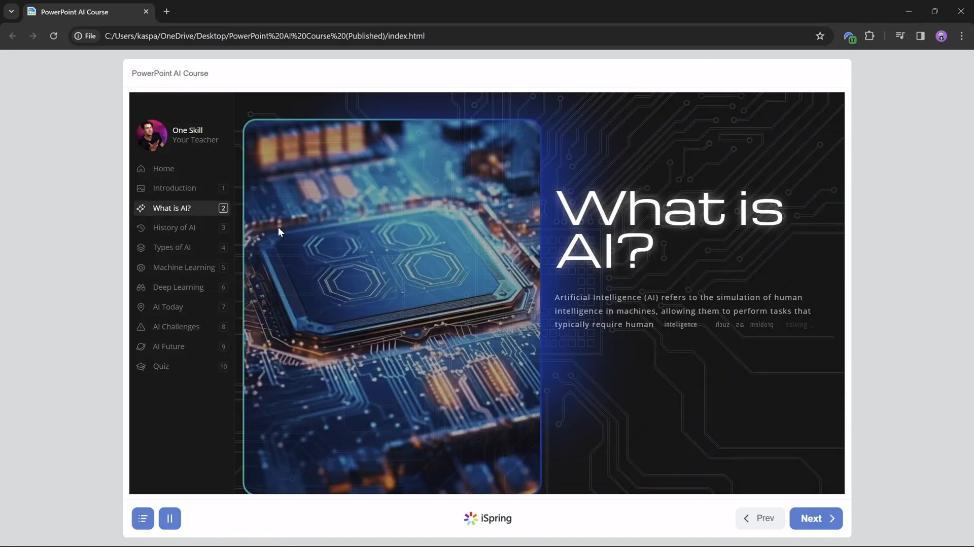 Preview of published PowerPoint course with sidebar navigation and interactive elements