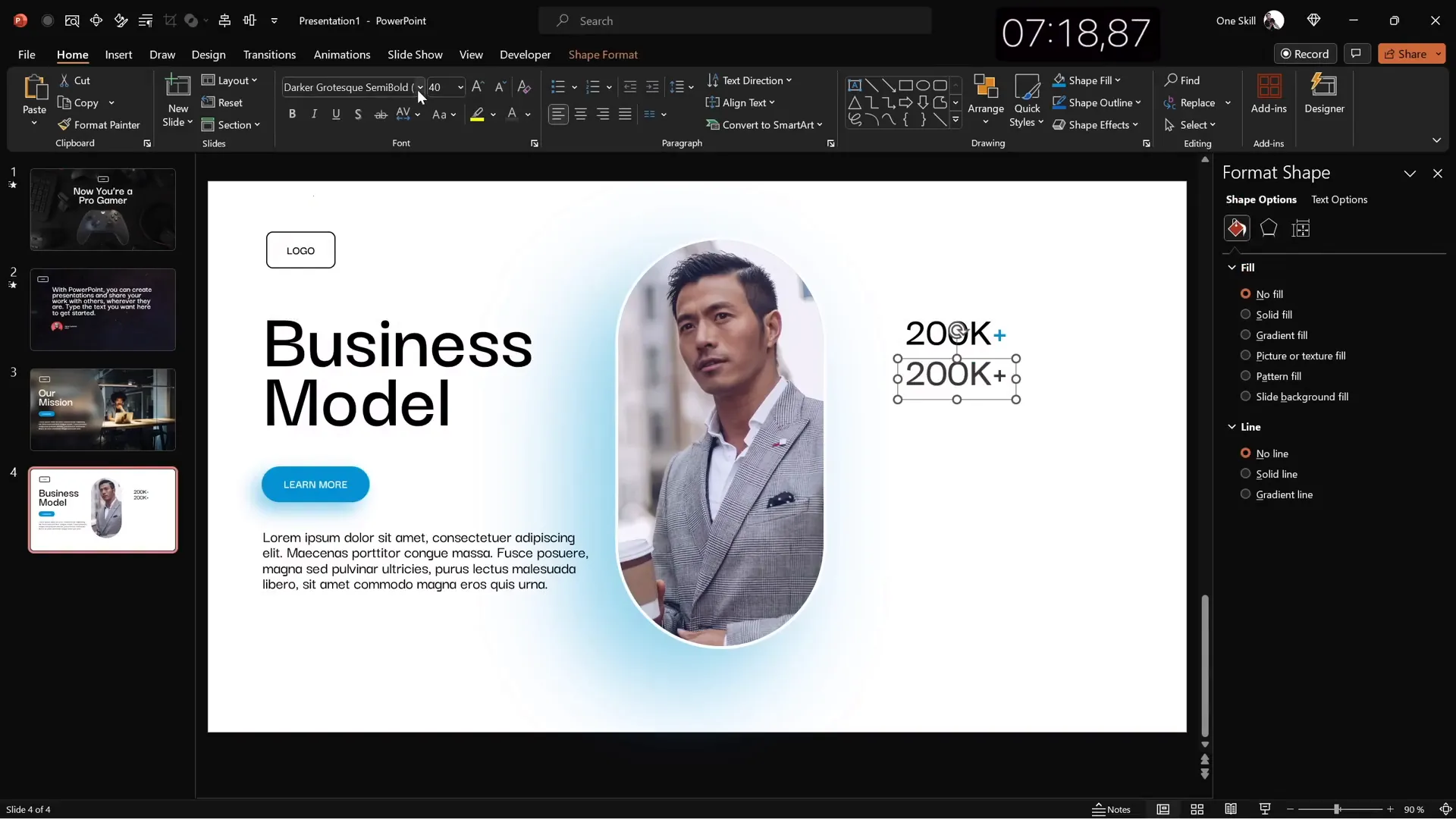 Business model slide with rounded rectangle photo placeholder and vertical KPI text boxes