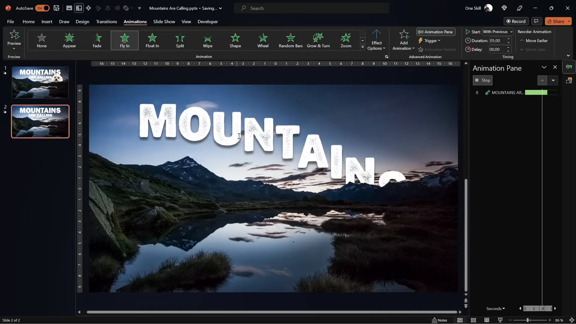 Animated text flying in letter by letter behind mountain video