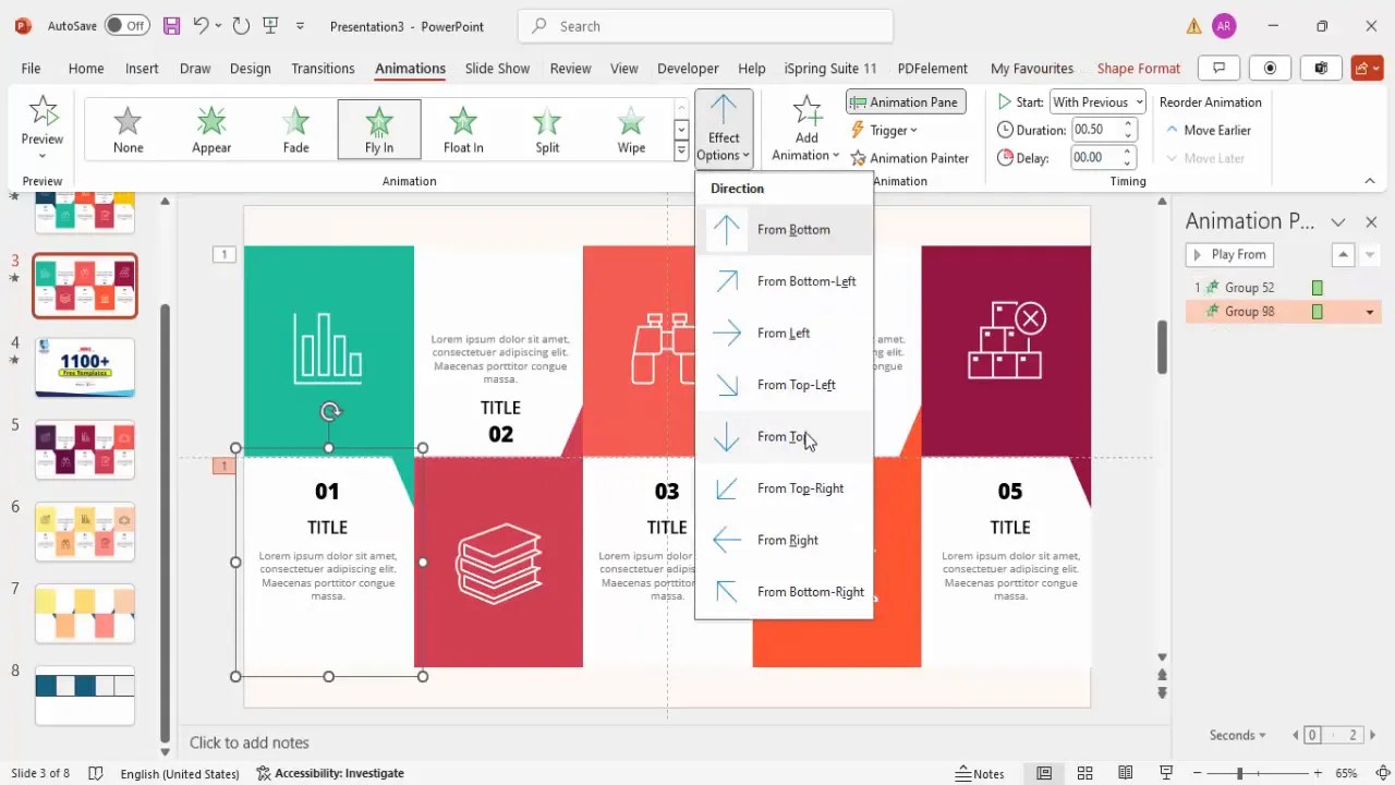 Adding and configuring fly-in animations on infographic options