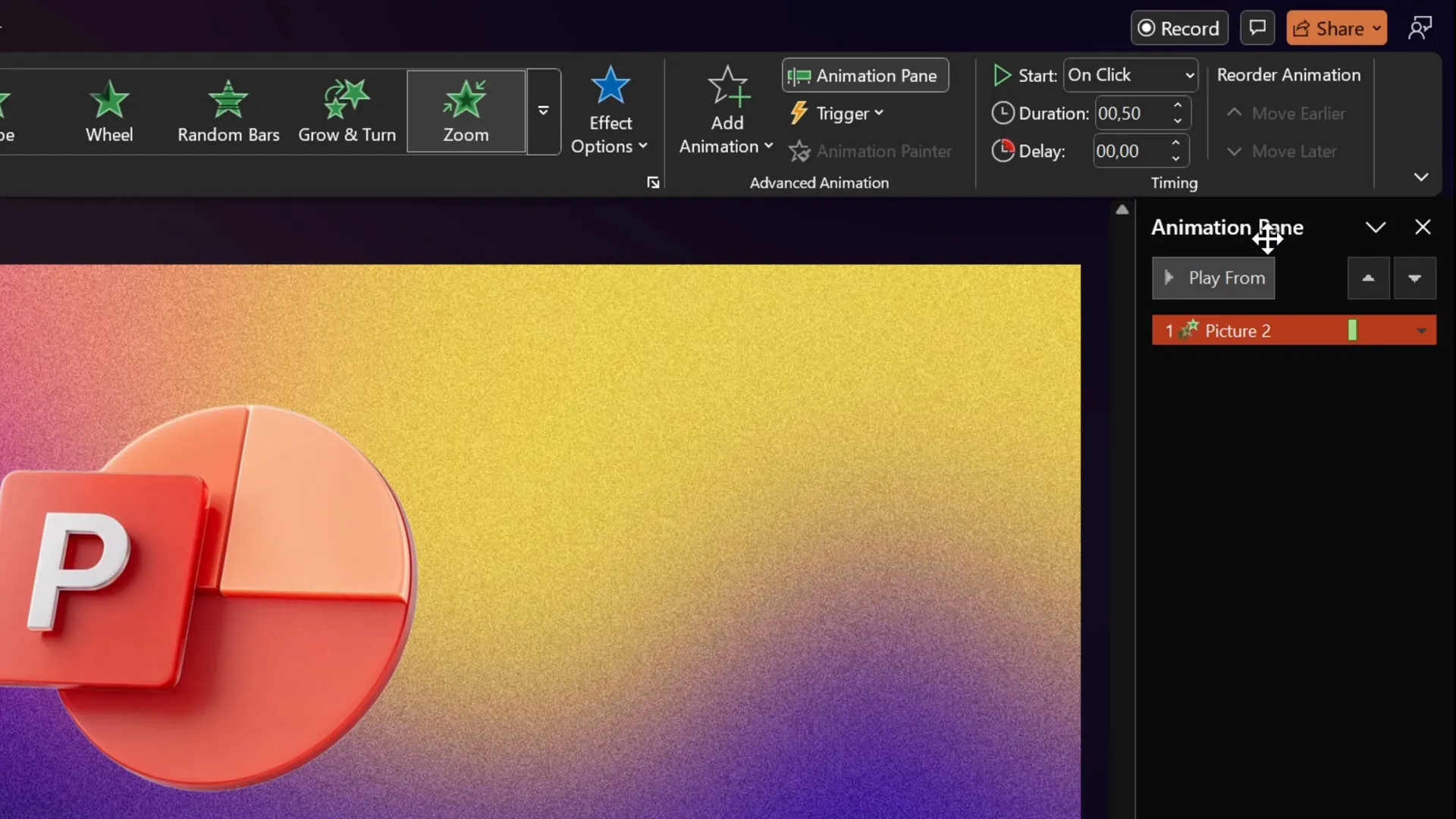 Animation pane showing zoom animation options
