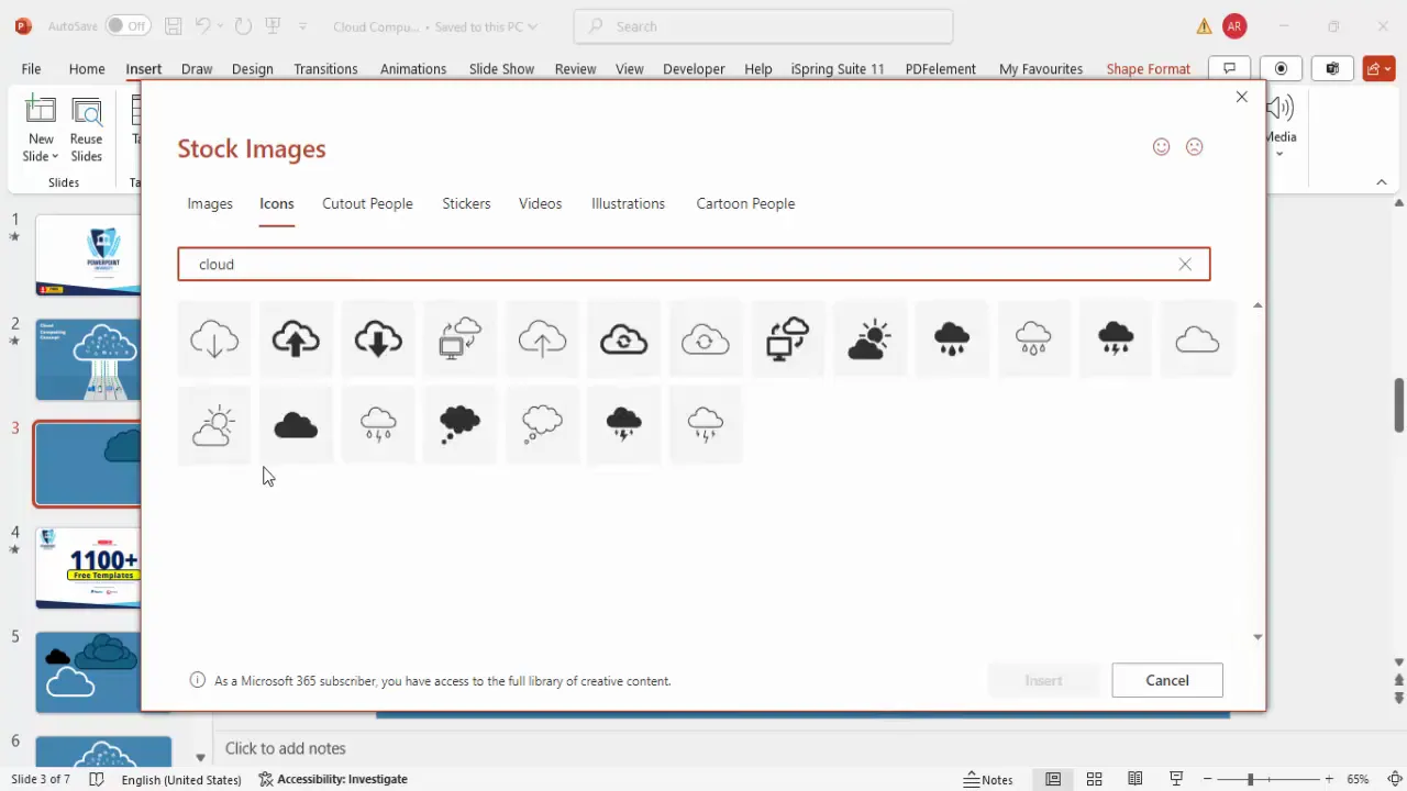 Inserting a cloud icon from PowerPoint's icon library