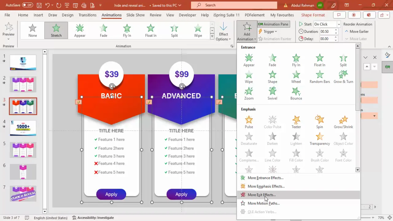 Adding exit animations to hide other pricing details
