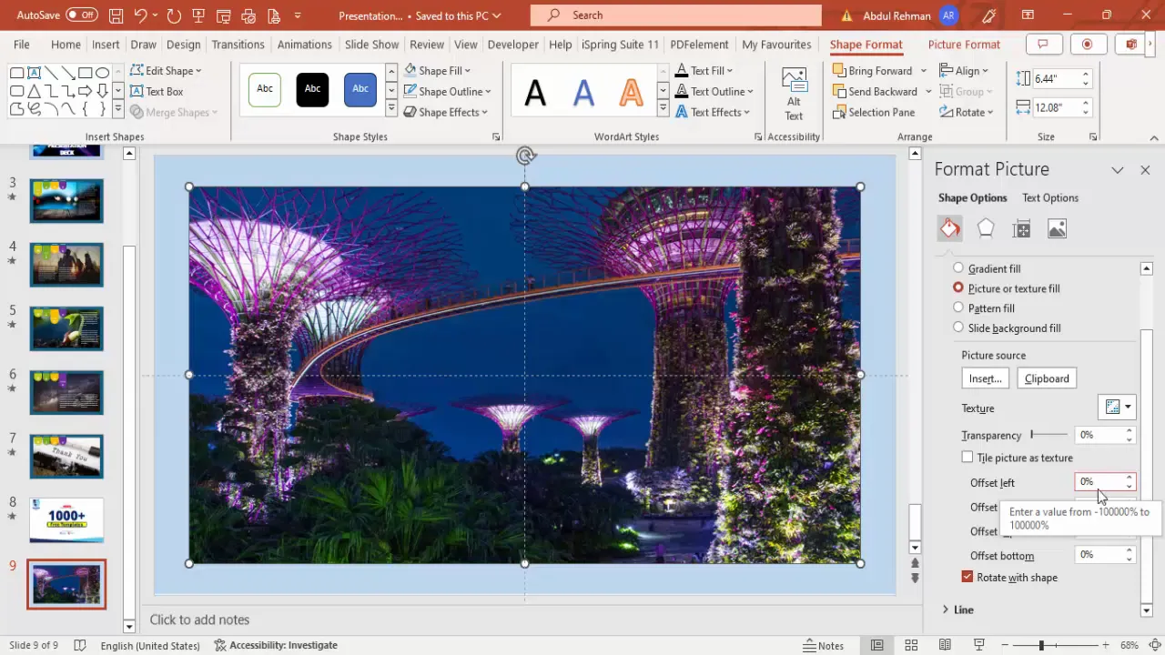 Inserting and adjusting an image into a PowerPoint shape