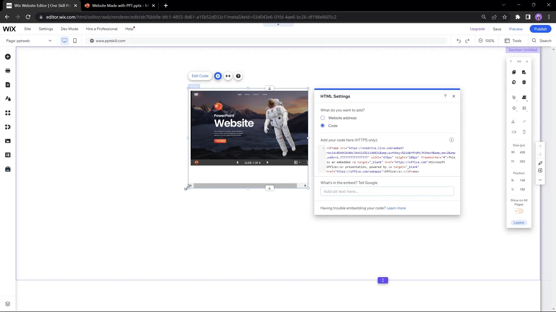 Embedding PowerPoint code in Wix website editor