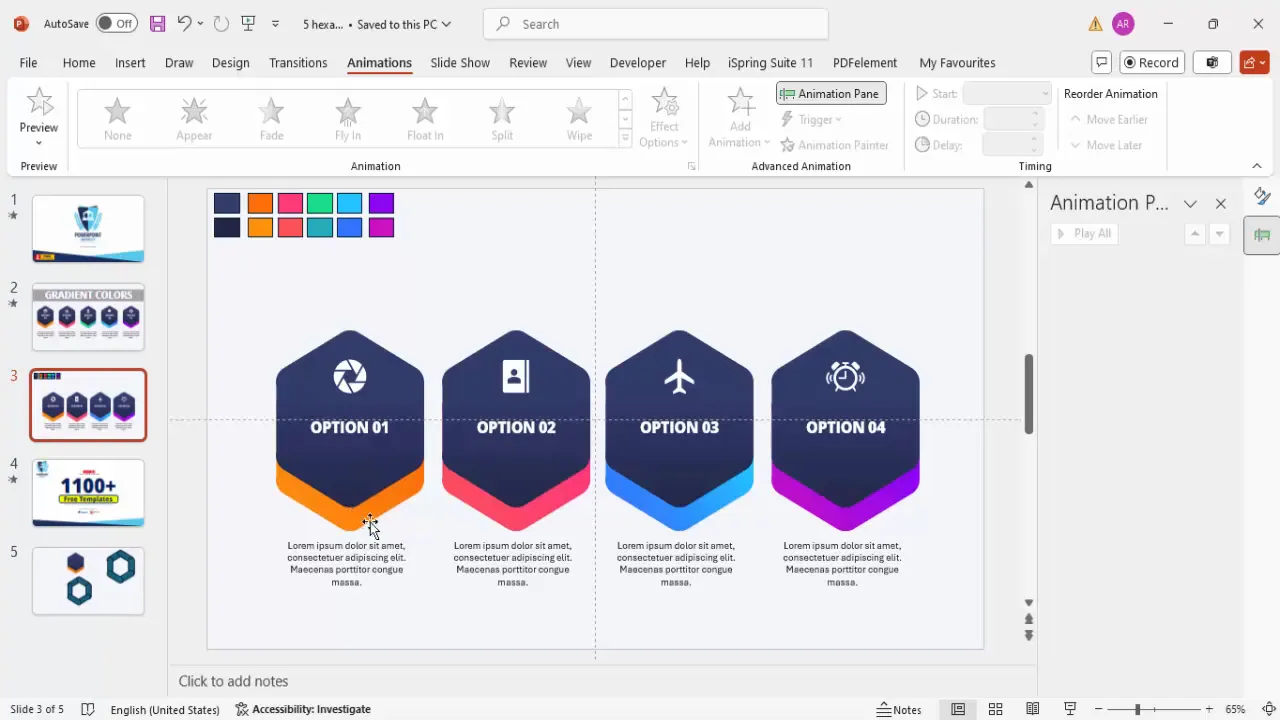 Animation pane showing entrance animations applied to grouped hexagon options