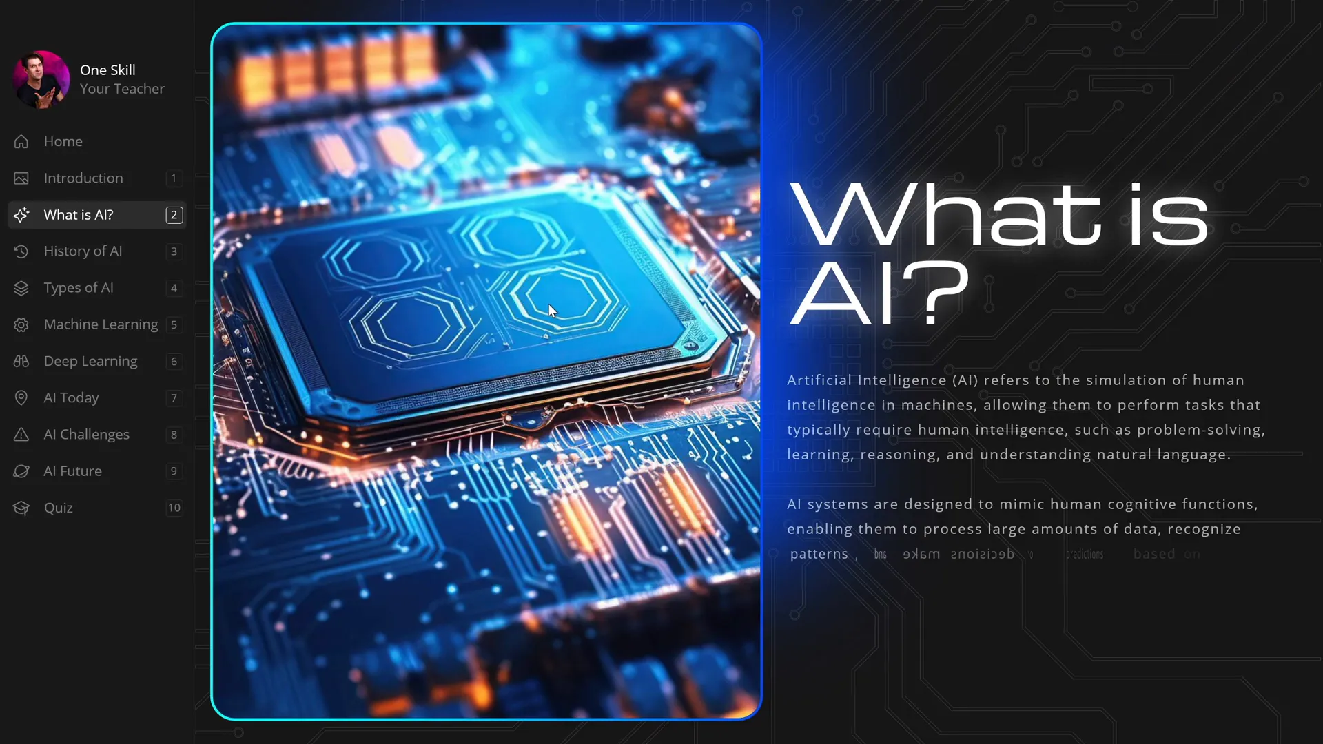 PowerPoint presentation with sidebar and AI topics overview