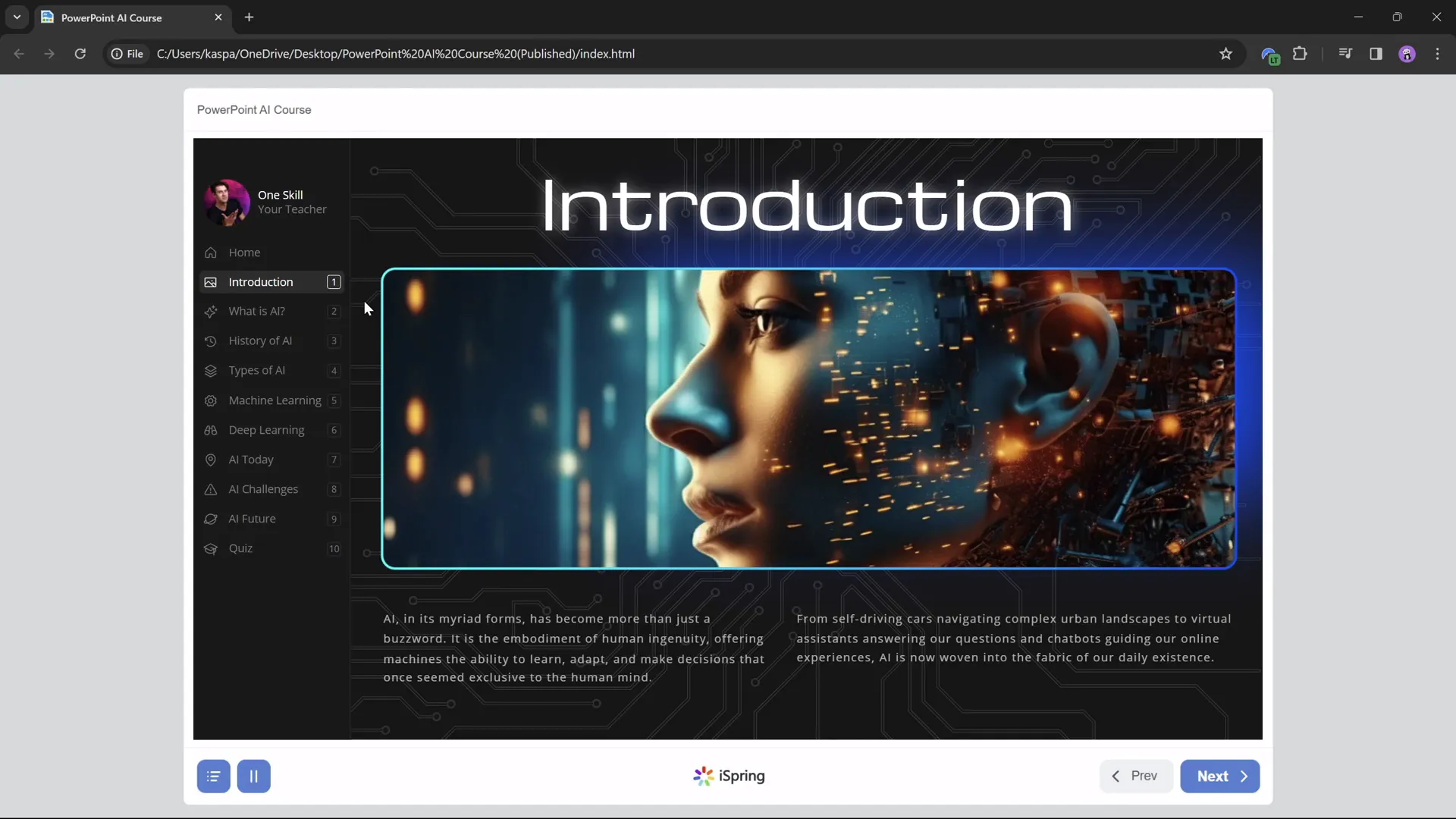 Published online course preview showing sidebar navigation and interactive slides