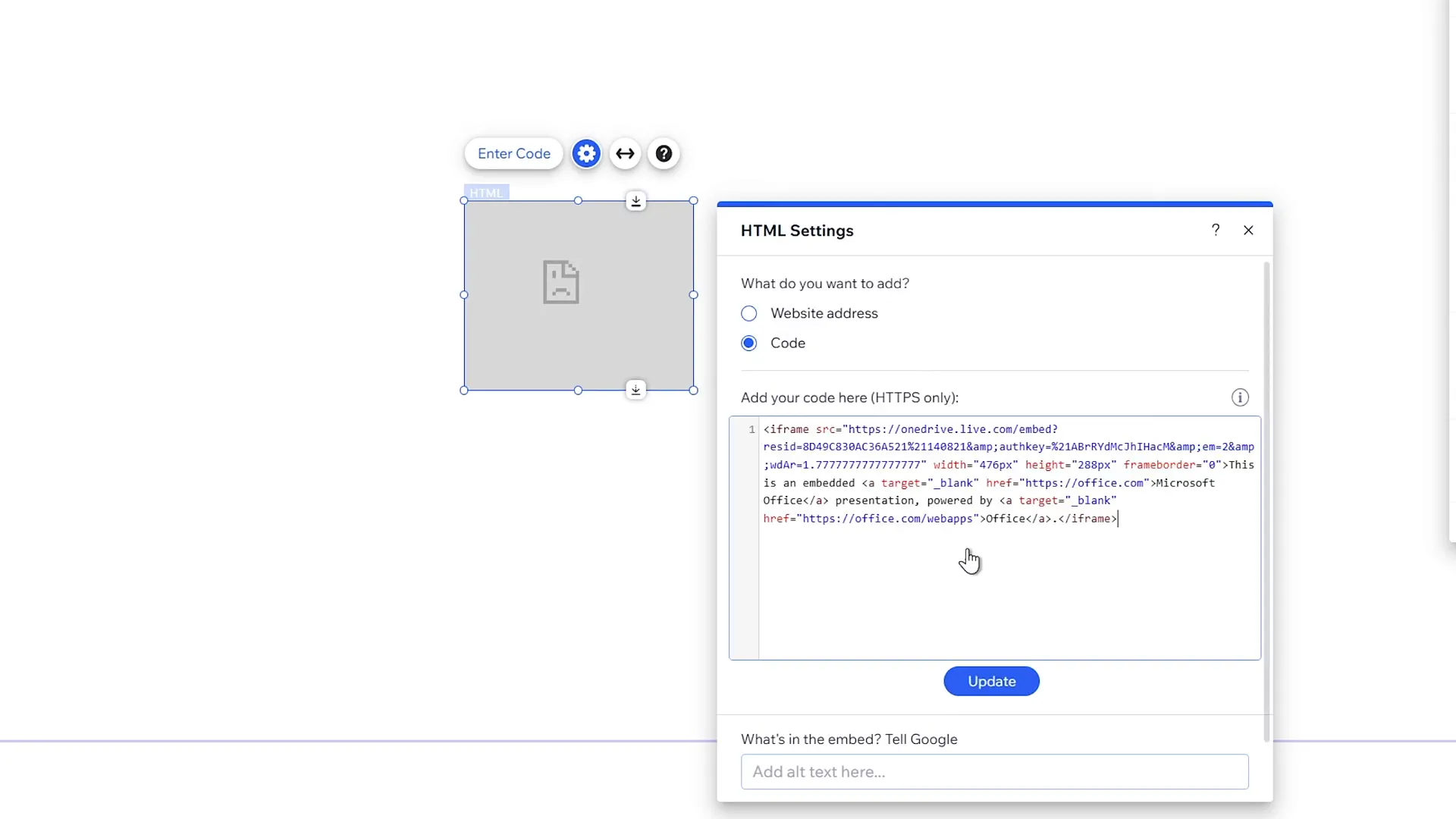 Embedding PowerPoint presentation embed code into Wix website editor