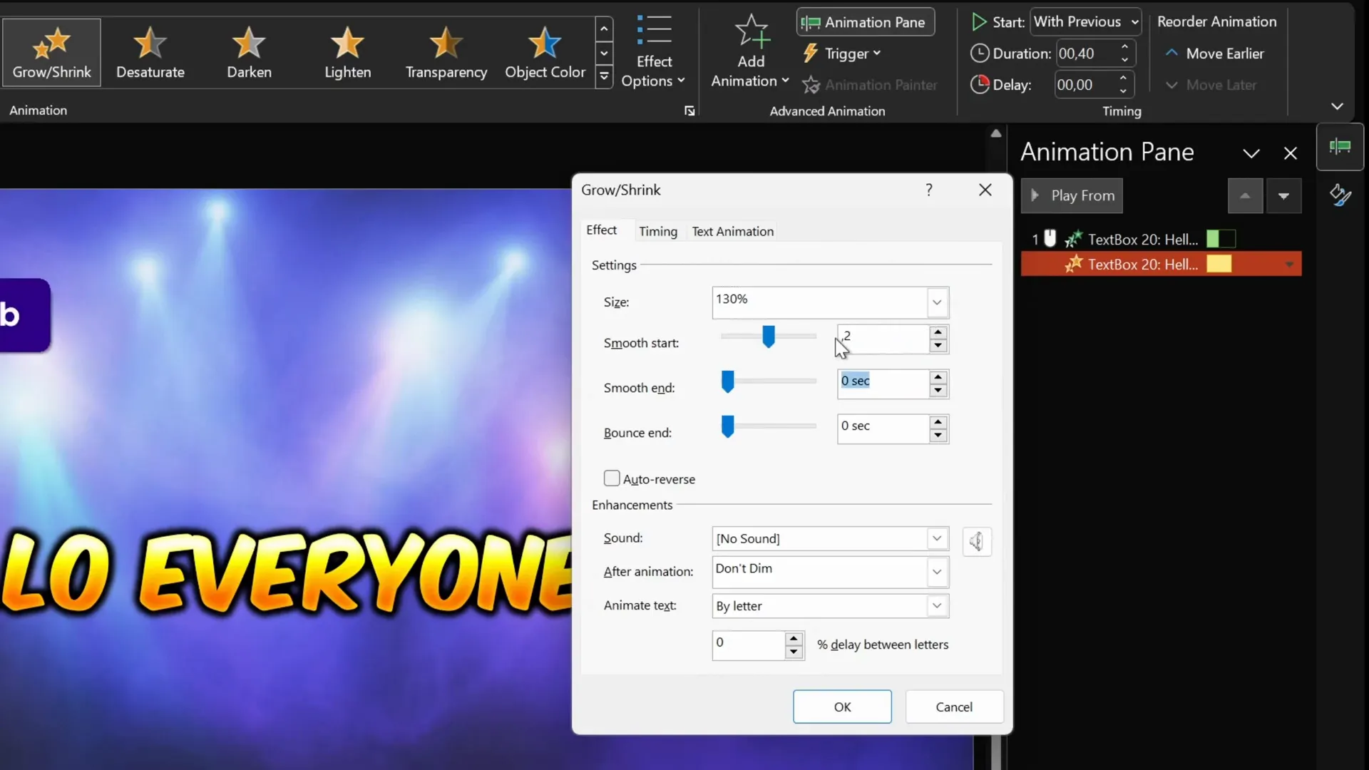 Configuring grow/shrink animation to create pop effect