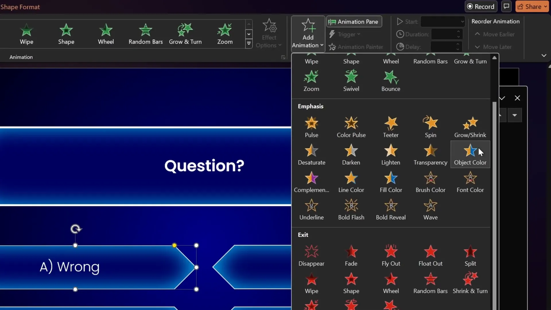 Setting up wrong answer animation with trigger on click