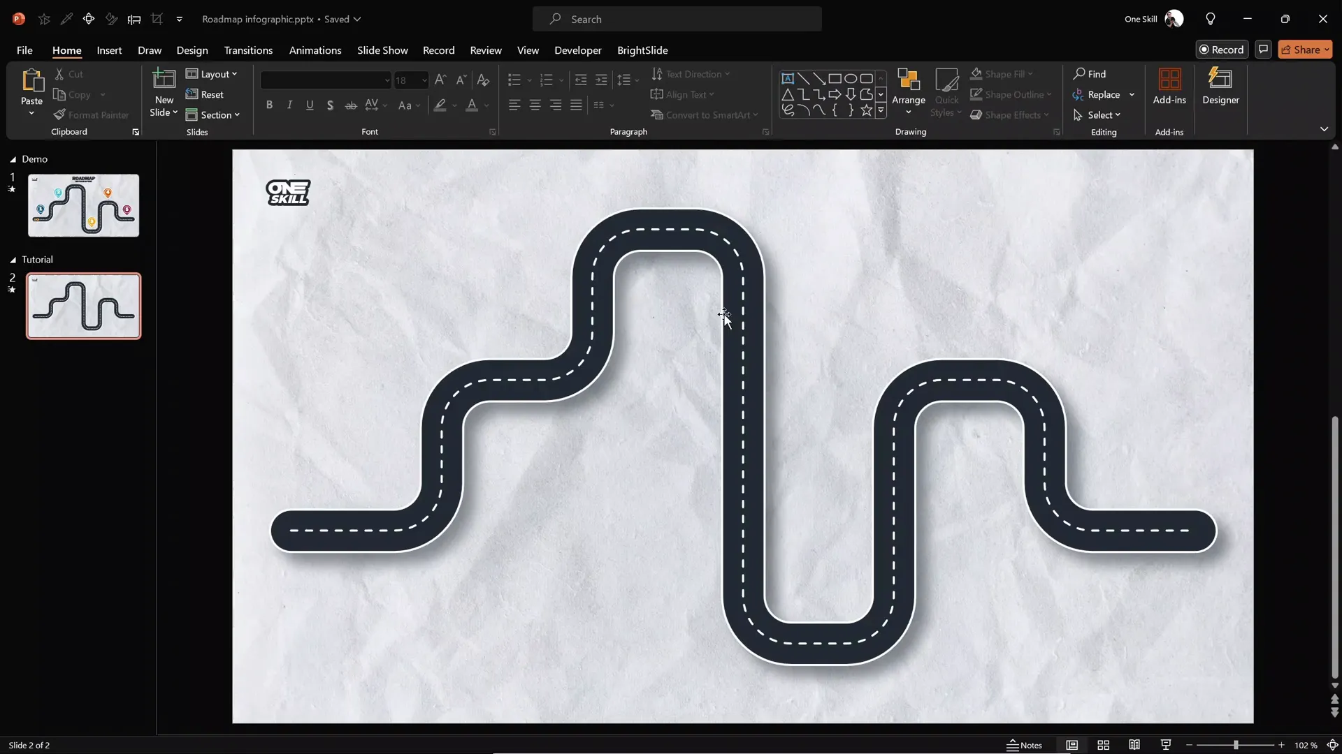 Roadmap with white outline and shadow effect in PowerPoint