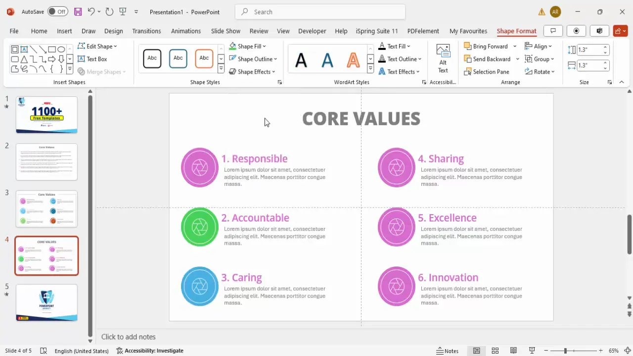Core value blocks with different color fills and matching text colors