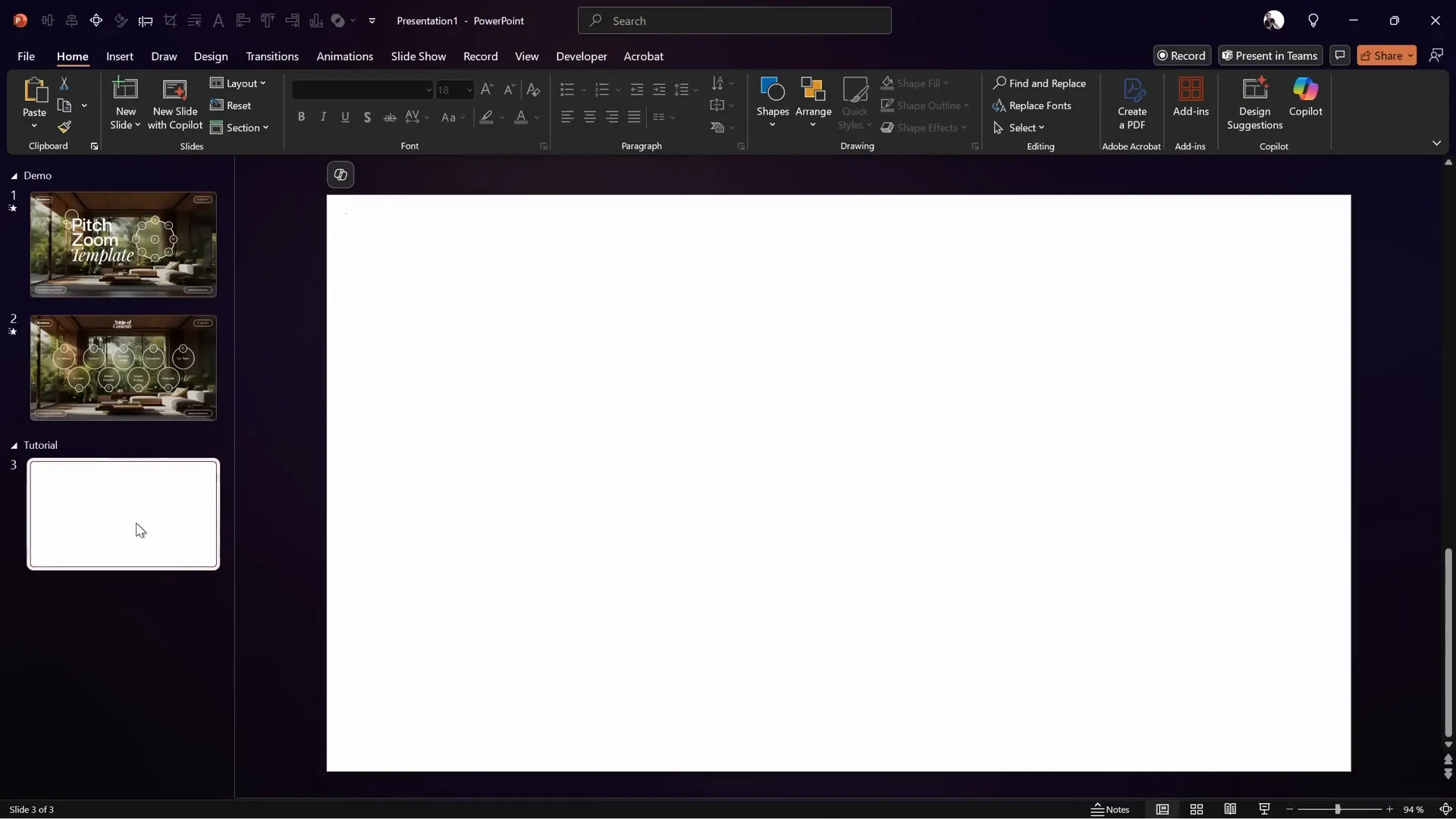 Blank new slide in PowerPoint ready for animation