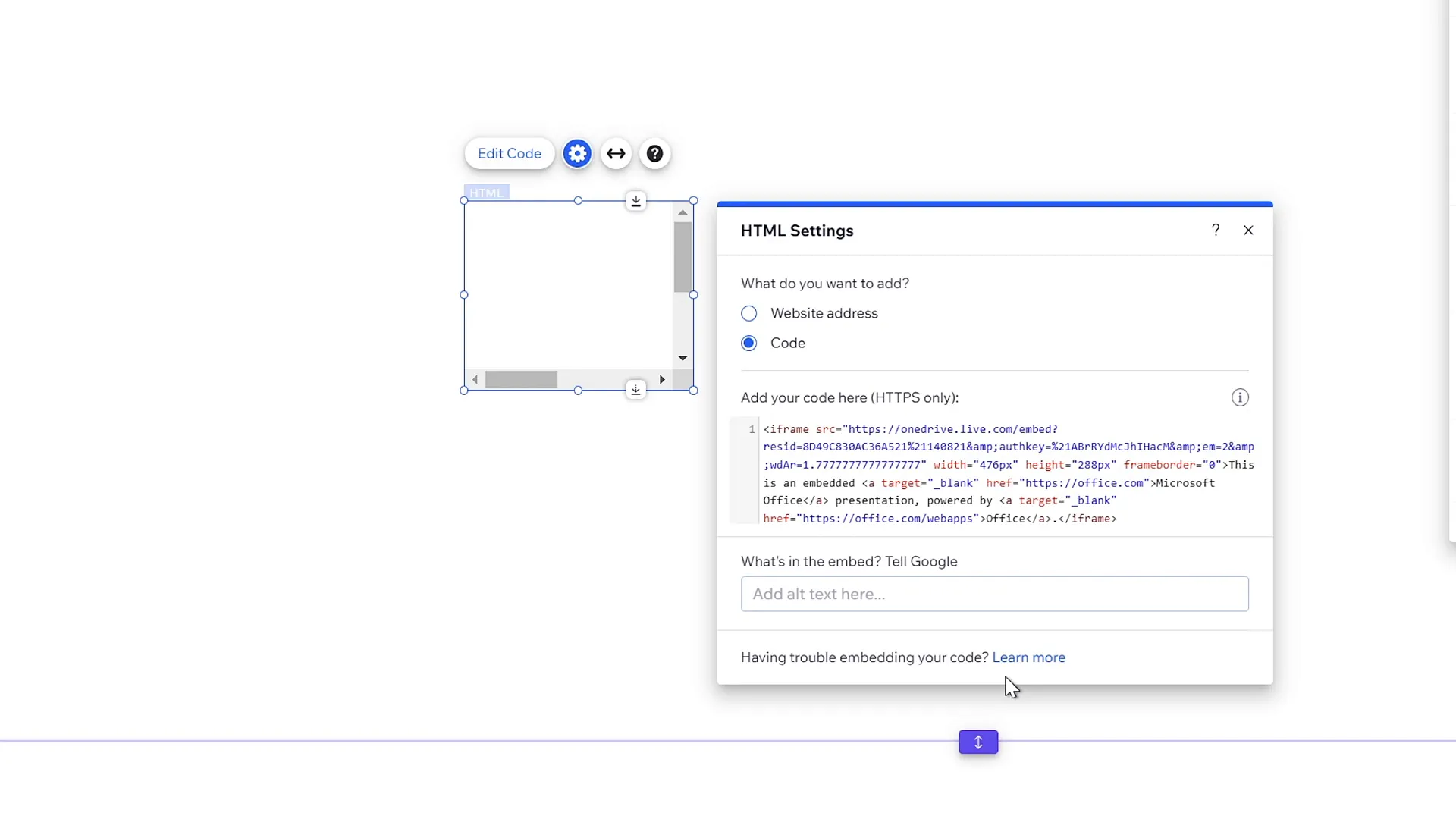 Embedding PowerPoint embed code into Wix HTML element