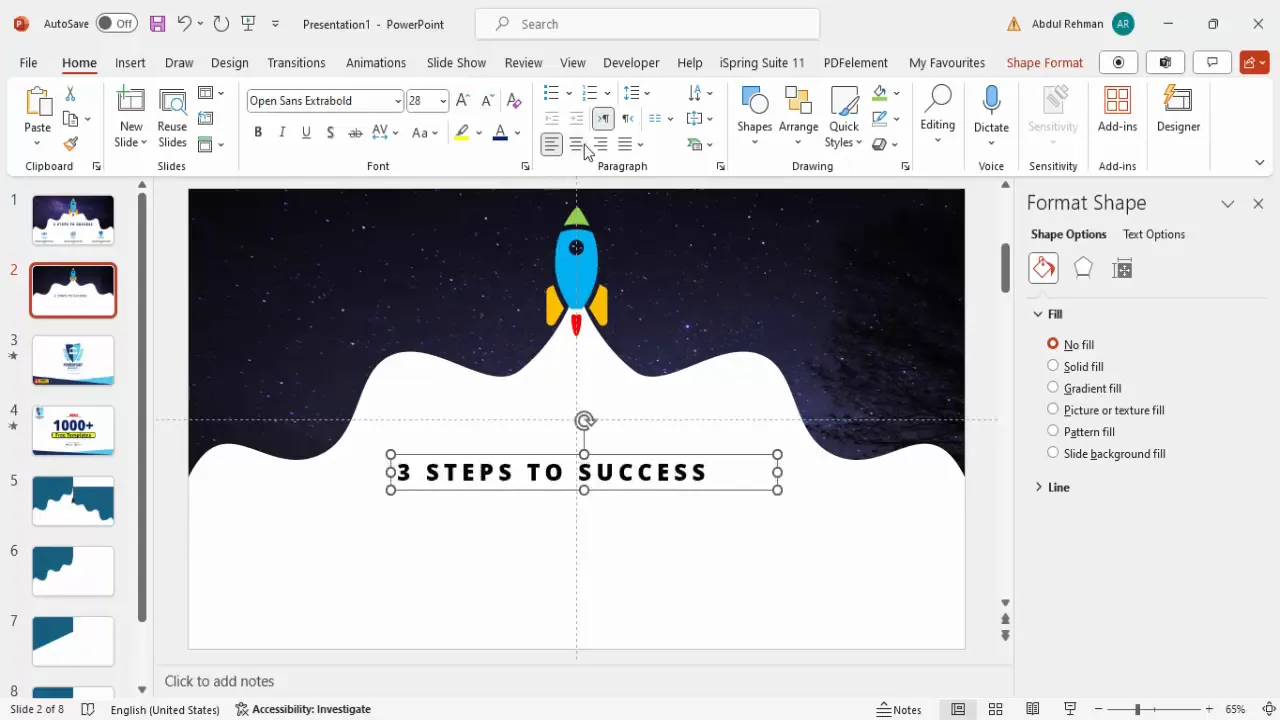 Main title 'Three Steps to Success' added to the slide