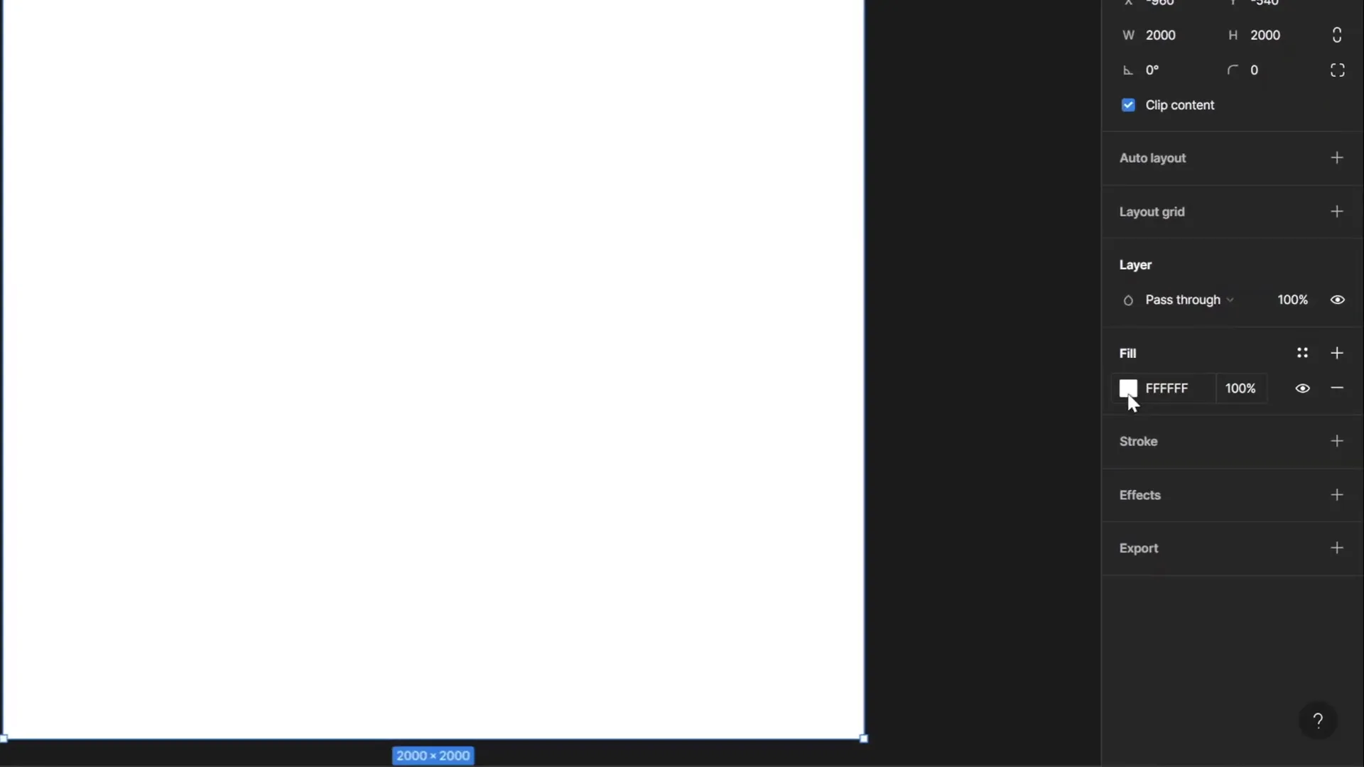 Figma interface showing a blank 2000x2000 pixel frame