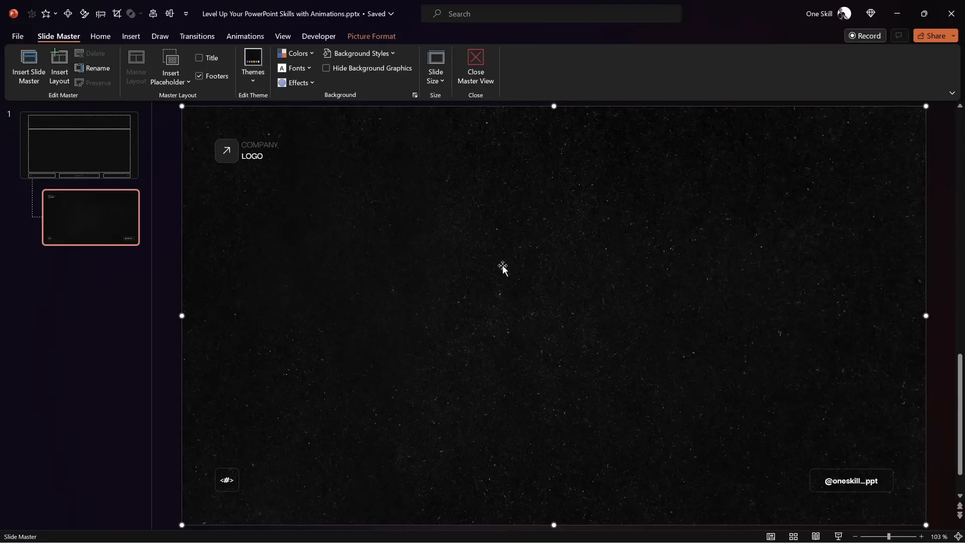 Custom slide layout with dark textured background and logo