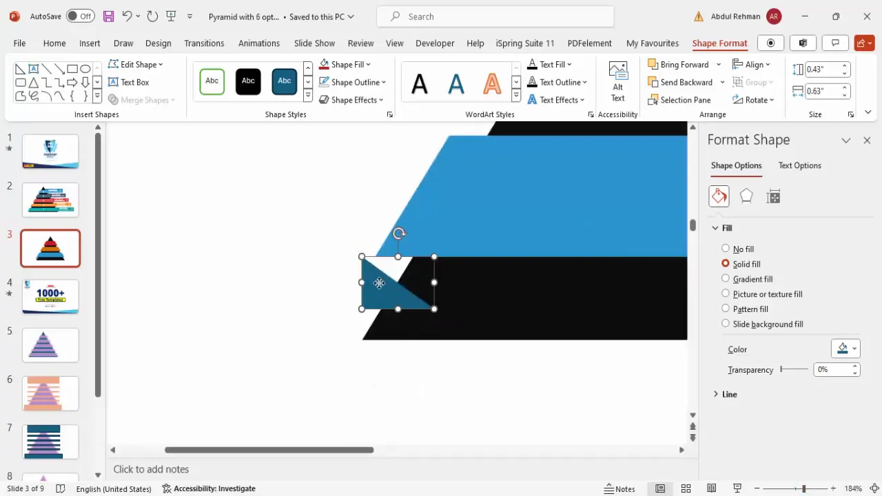 Adding right triangle shapes behind pyramid sections for depth effect