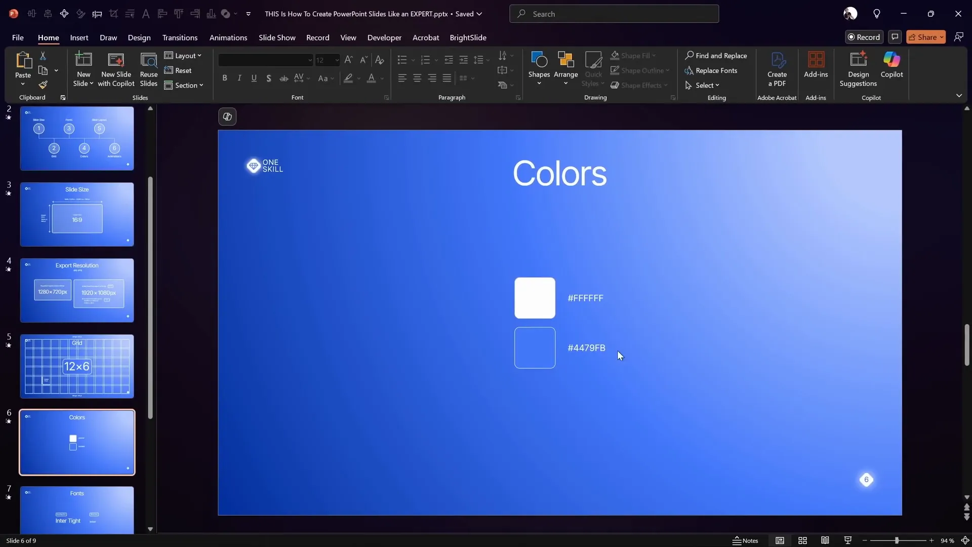 PowerPoint custom color palette setup with hex codes
