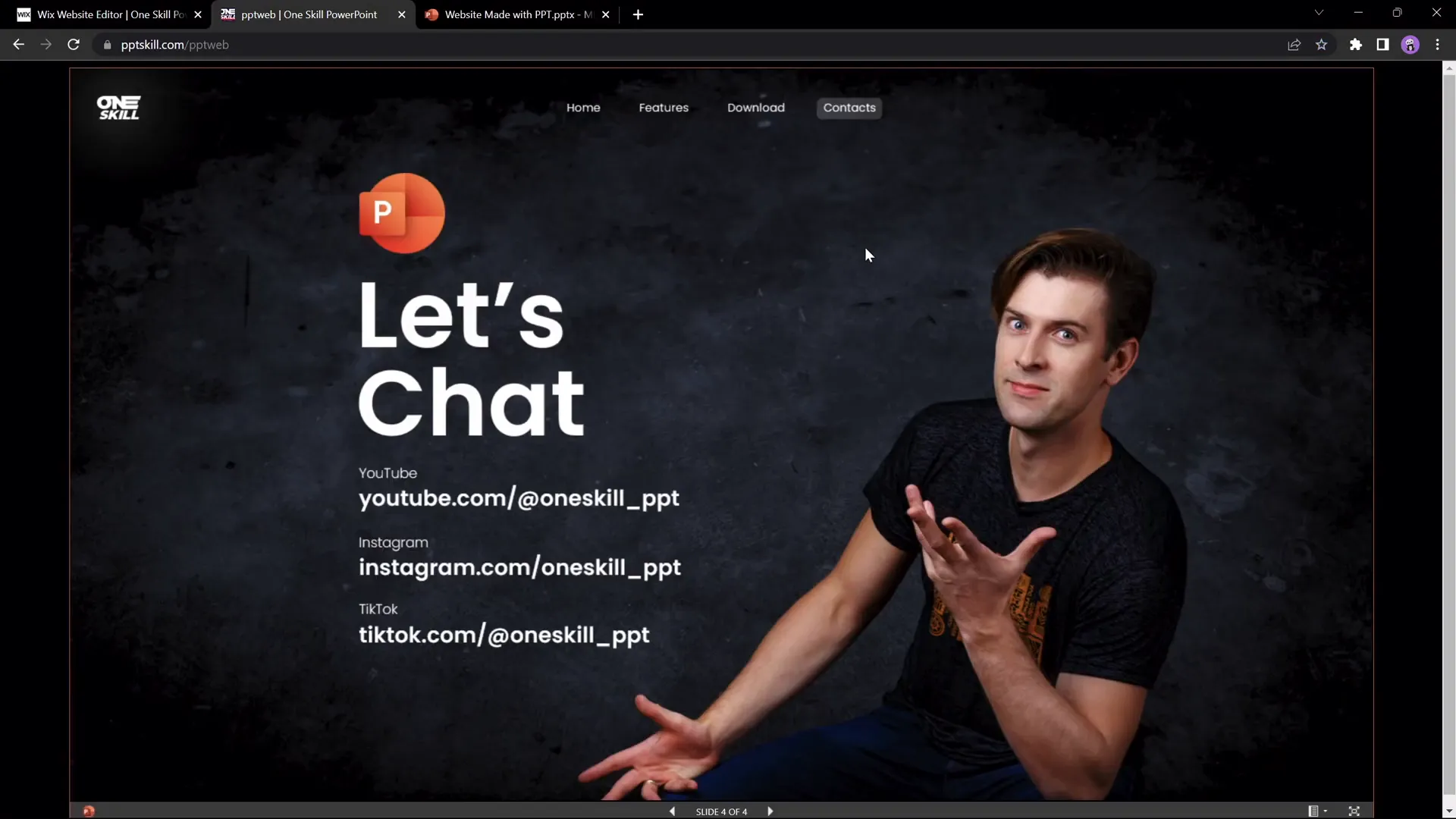 PowerPoint website with clickable menu and social media links