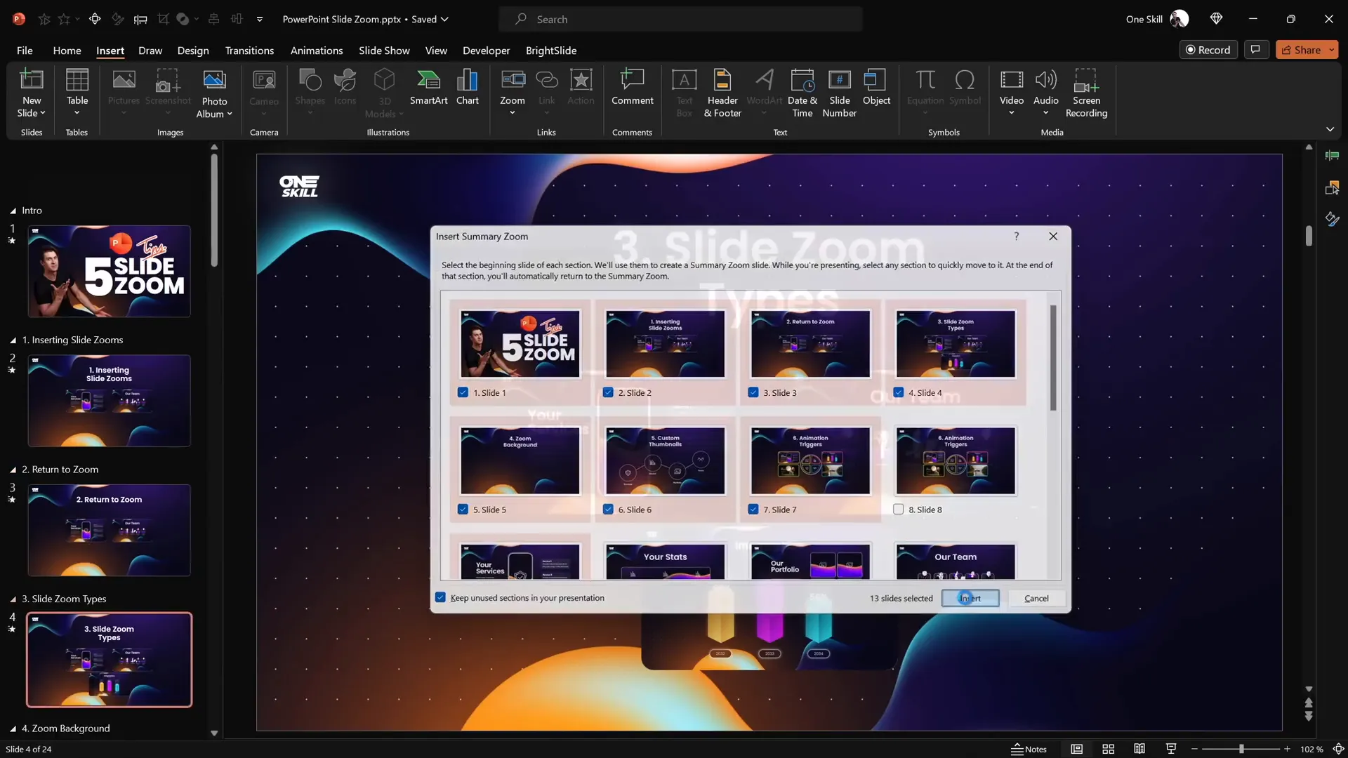 Summary zoom dashboard with section zooms