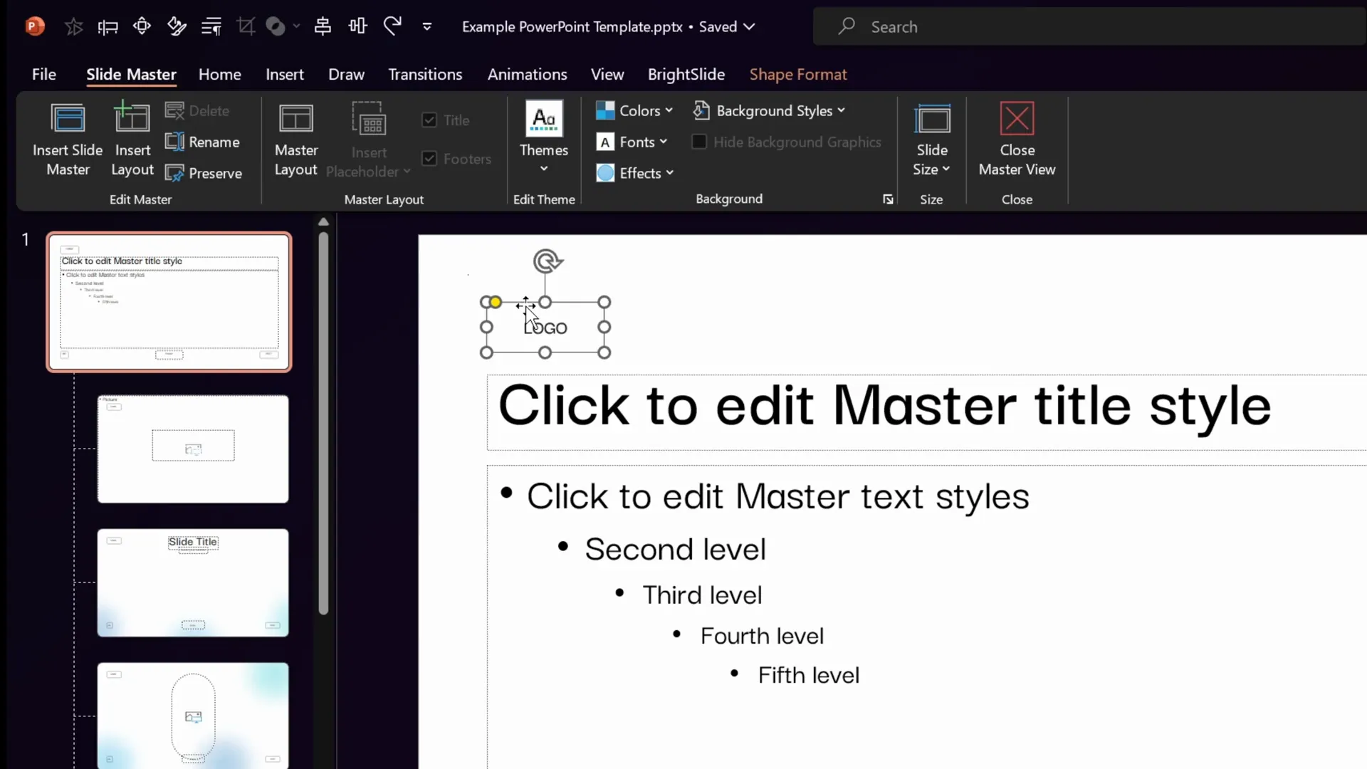 Slide master view showing logo position change