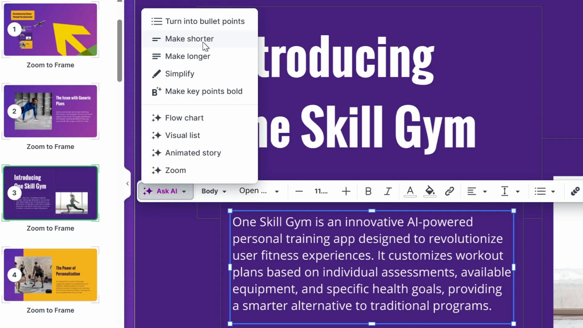 AI text transformation commands in Prezi AI