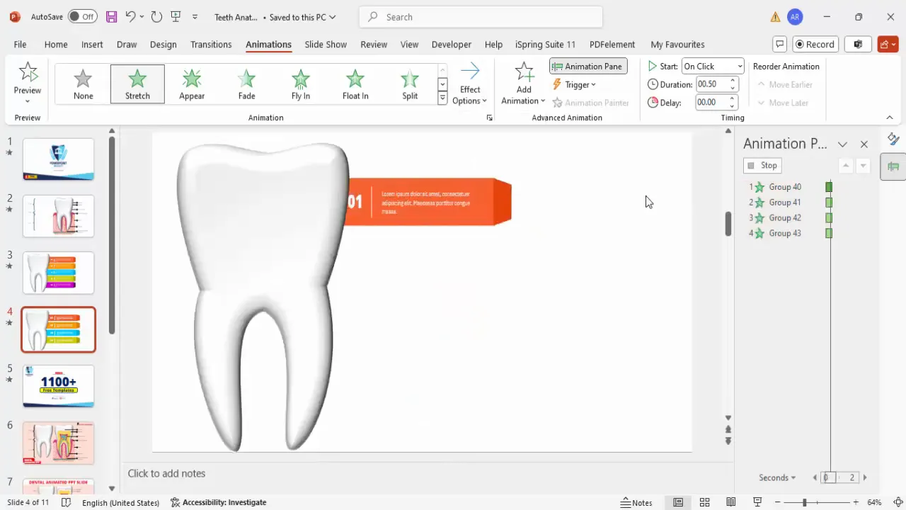 Animation pane showing stretch animation applied to infographic options