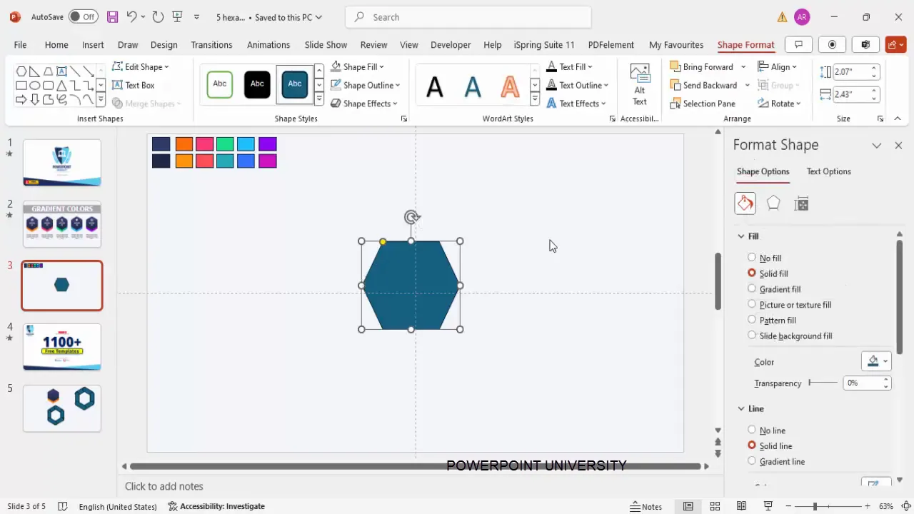Inserting and rotating the standard hexagon shape in PowerPoint