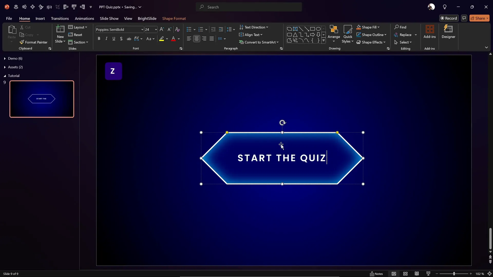 Styled diamond button with text 'Start the Quiz'