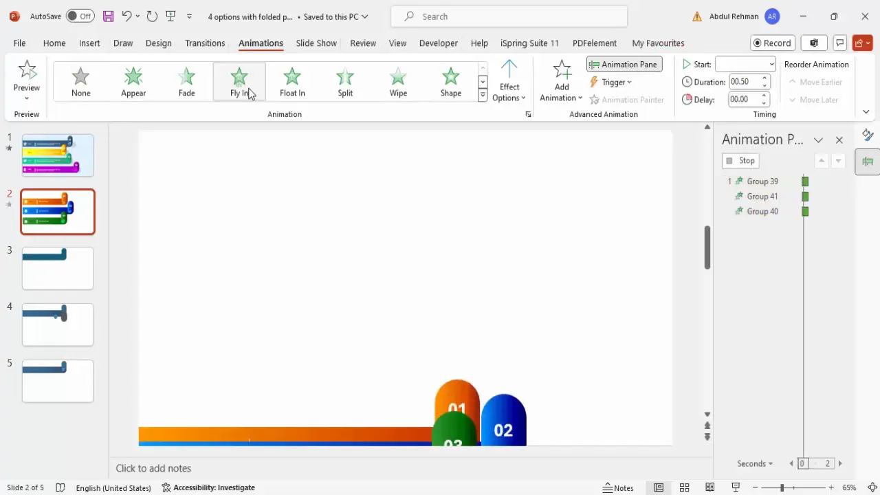 Applying fly-in animations to grouped folded paper options