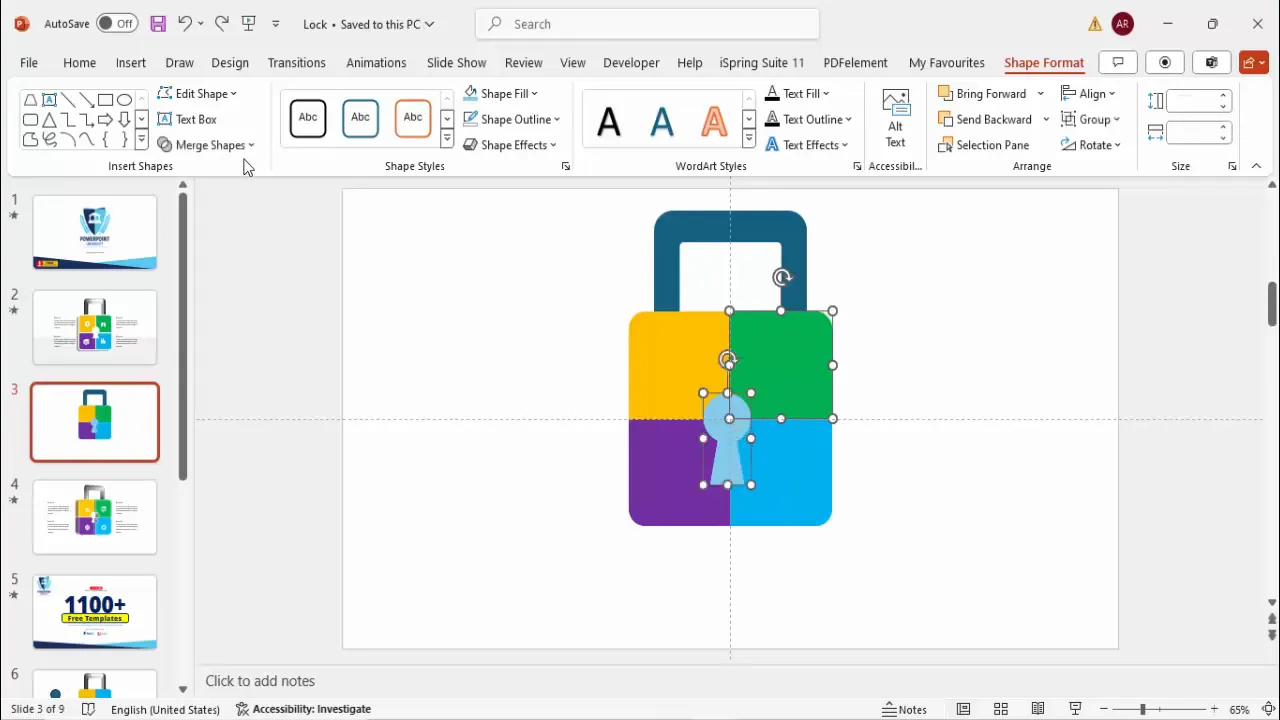 Four keyholes aligned on the padlock segments with subtract effect