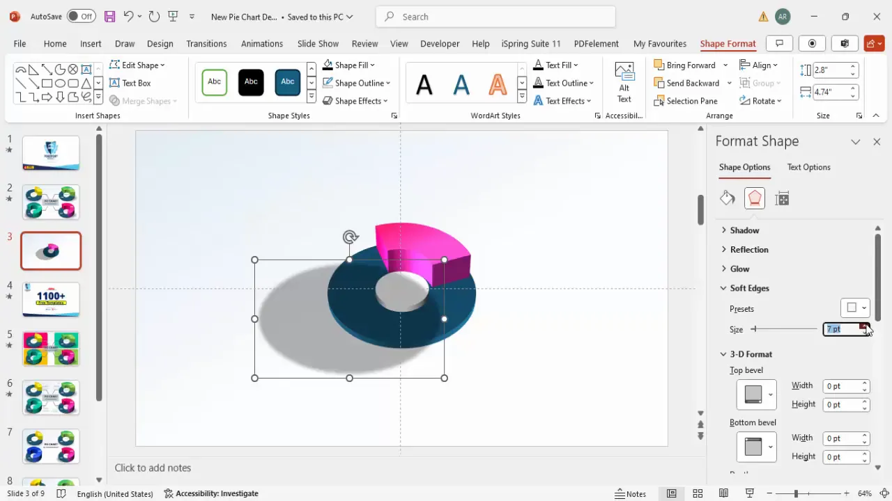 Pie chart base with 3D slice and soft shadow effects