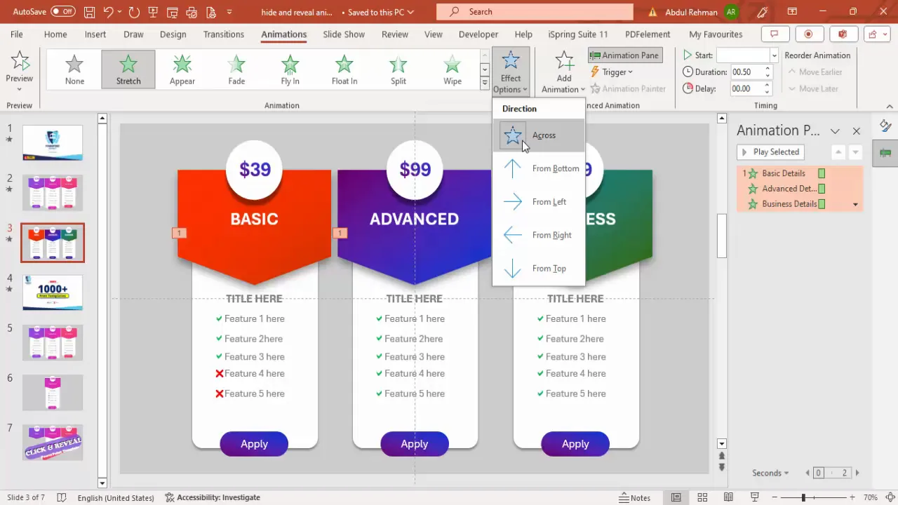 Adding stretch entrance animation to pricing options