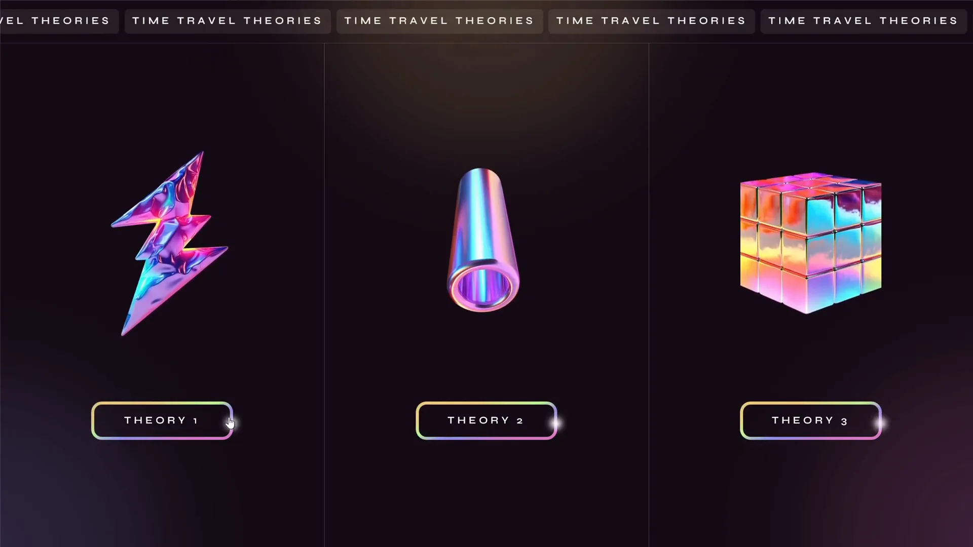 Starting slide divided into three equal parts for three time travel theories