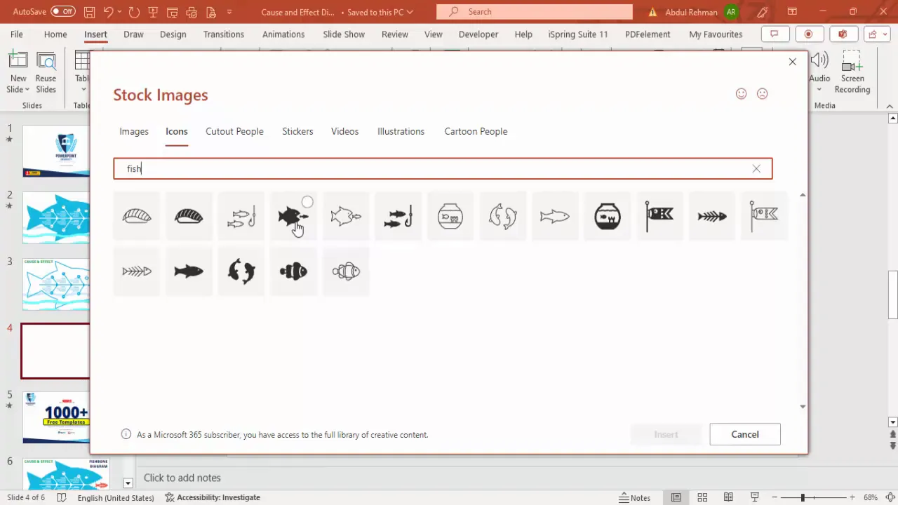 Inserting fish icon from PowerPoint icons library