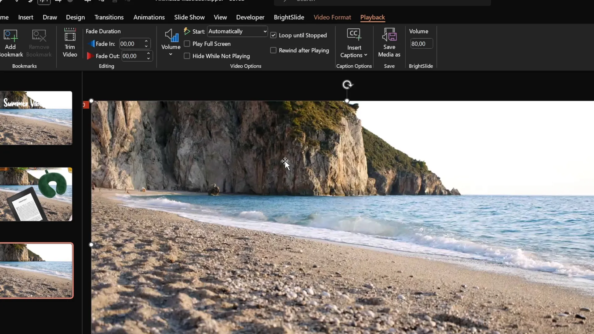 PowerPoint slide with looping video background playing automatically