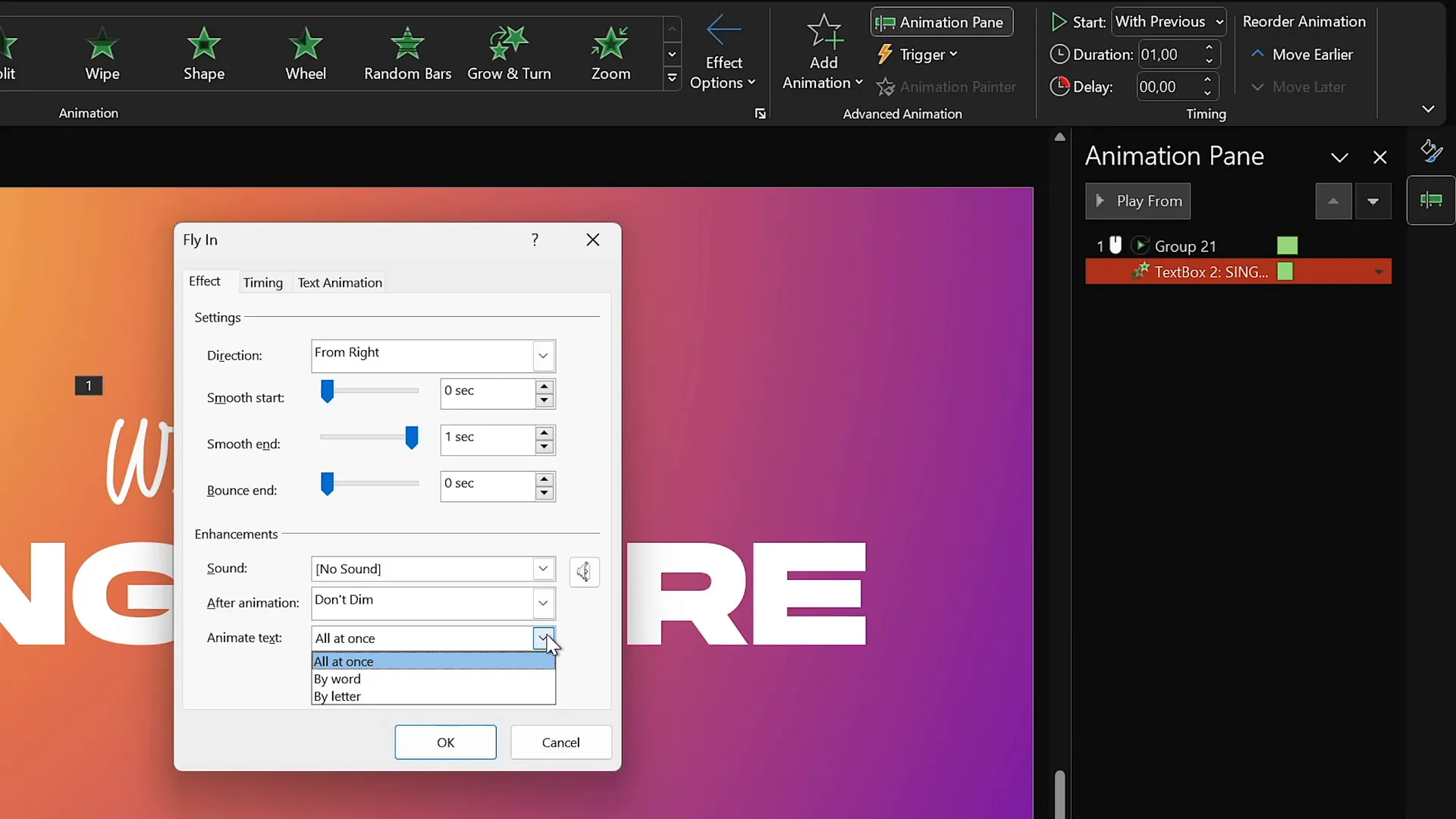 Applying fly in animation to title text by letter in PowerPoint