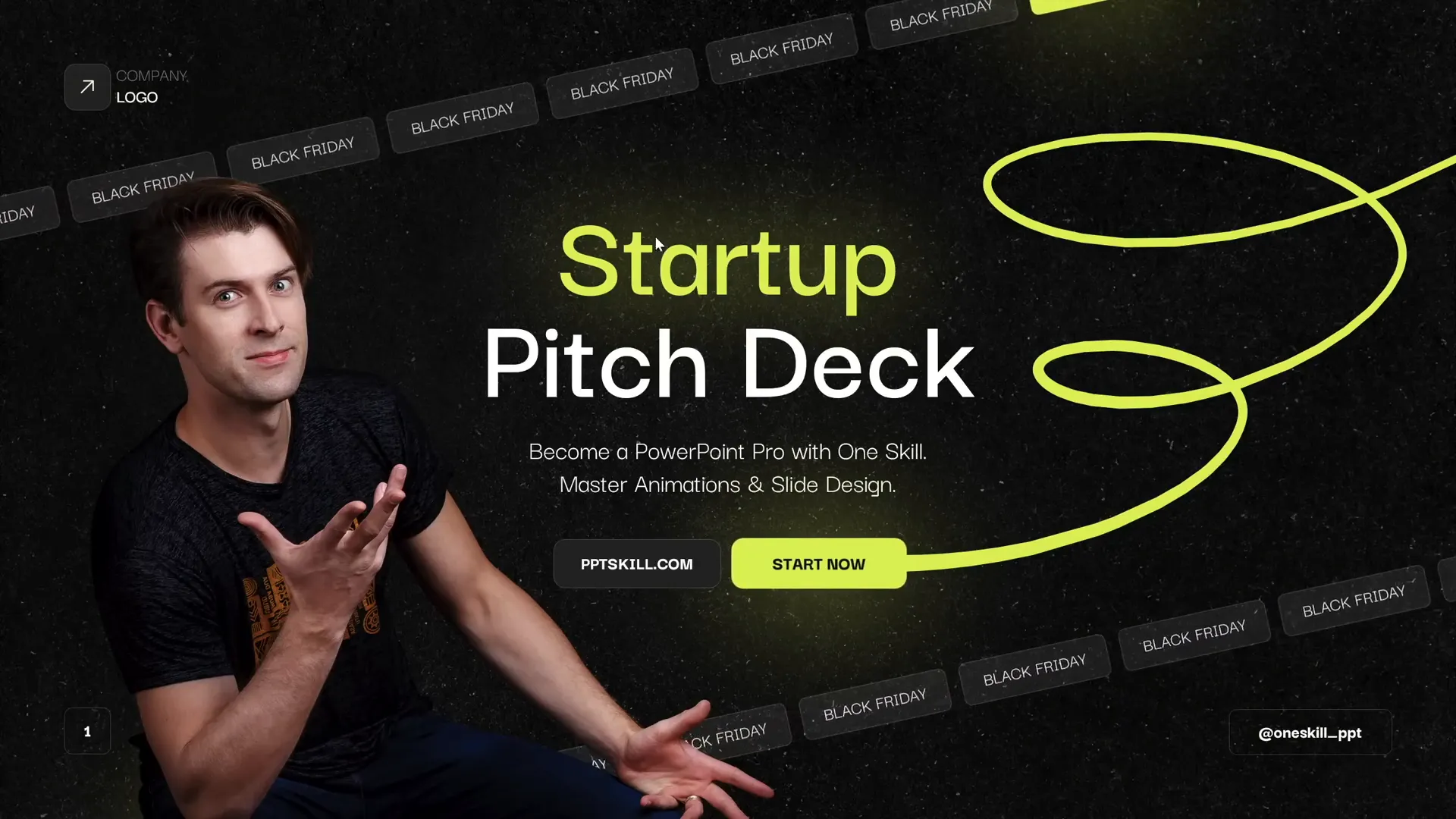 Animated slide with scrolling bars, pulsing button, and vibrant scribble