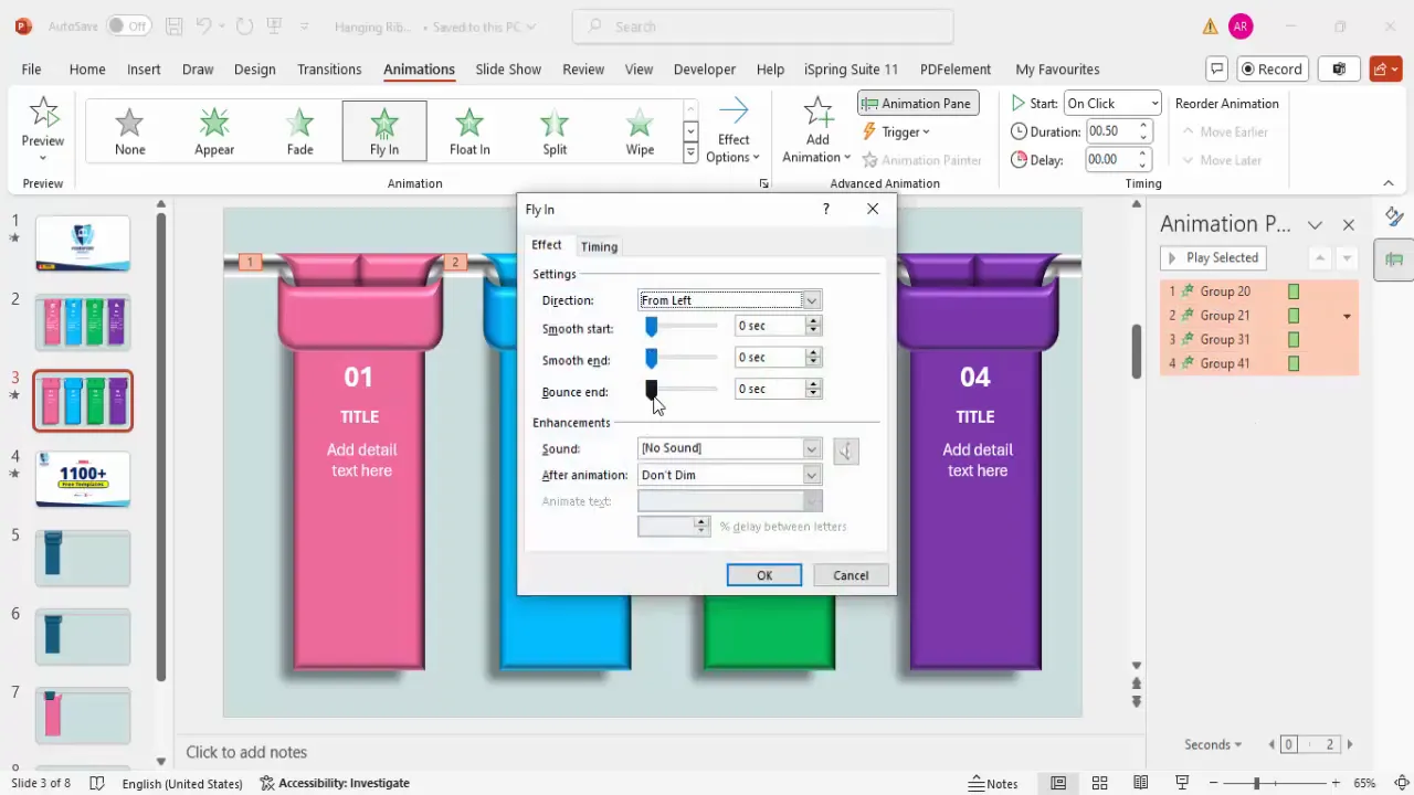 Setting fly-in animation for ribbons
