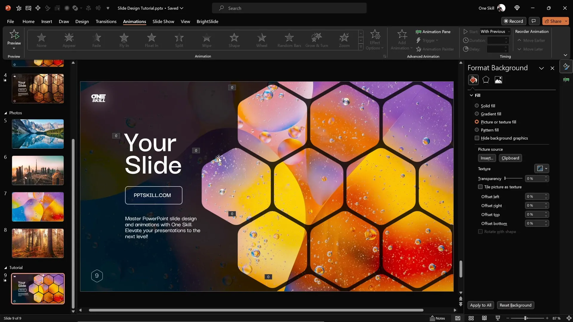 Changing slide background fill to a new photo for a fresh look