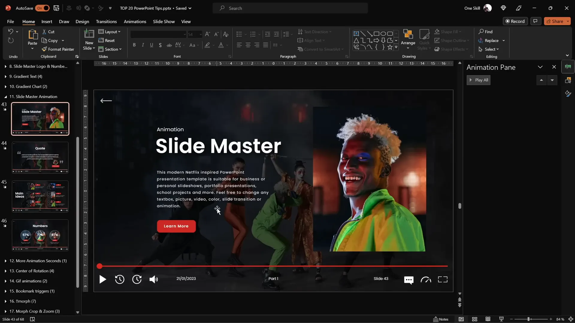 Animating elements on the slide master for global animations