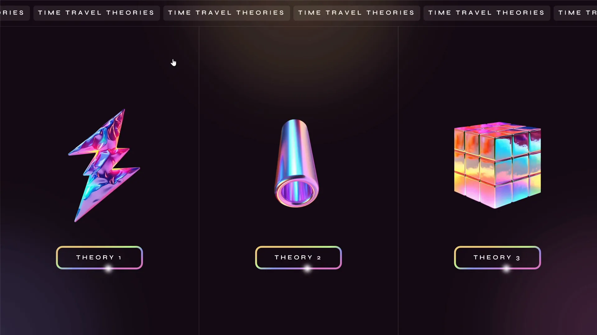 Starting slide divided into three equal parts representing time travel theories