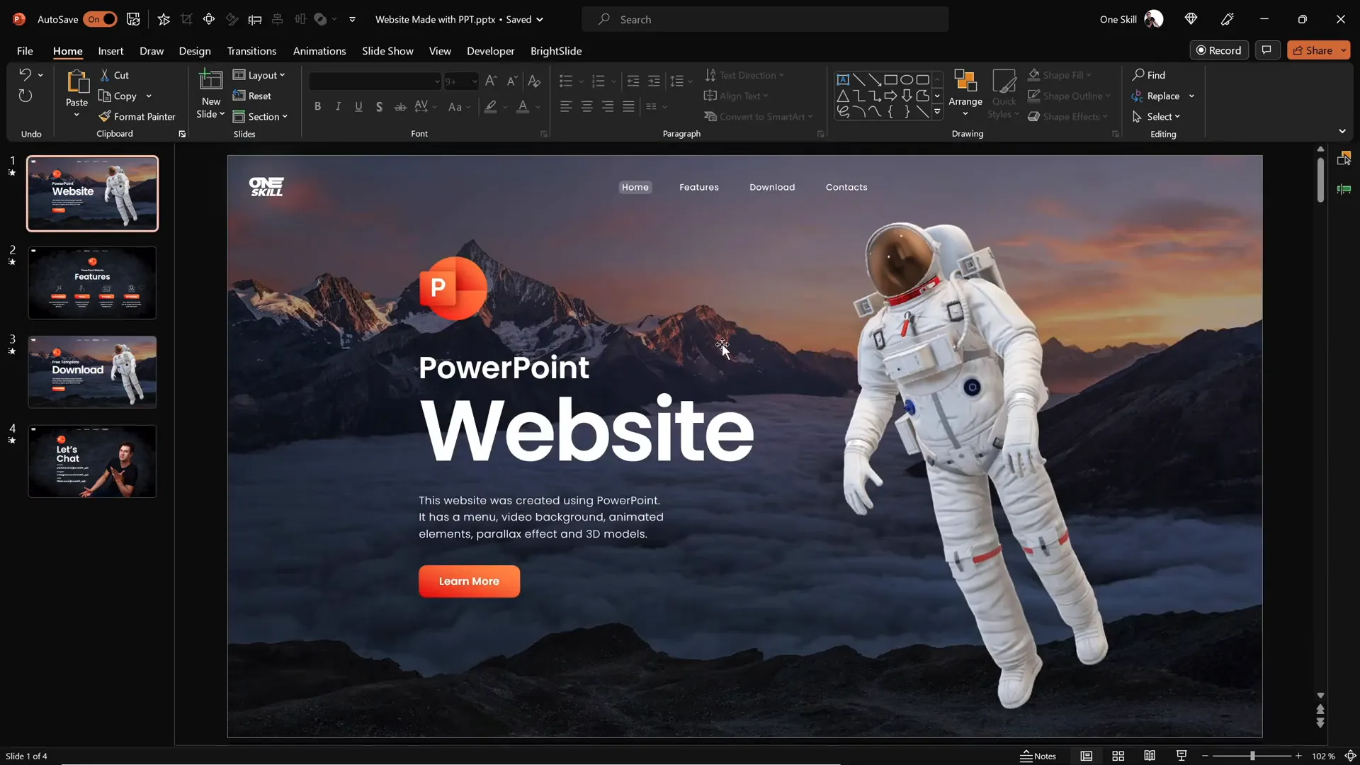 PowerPoint presentation designed as a website with clickable menu and parallax animation