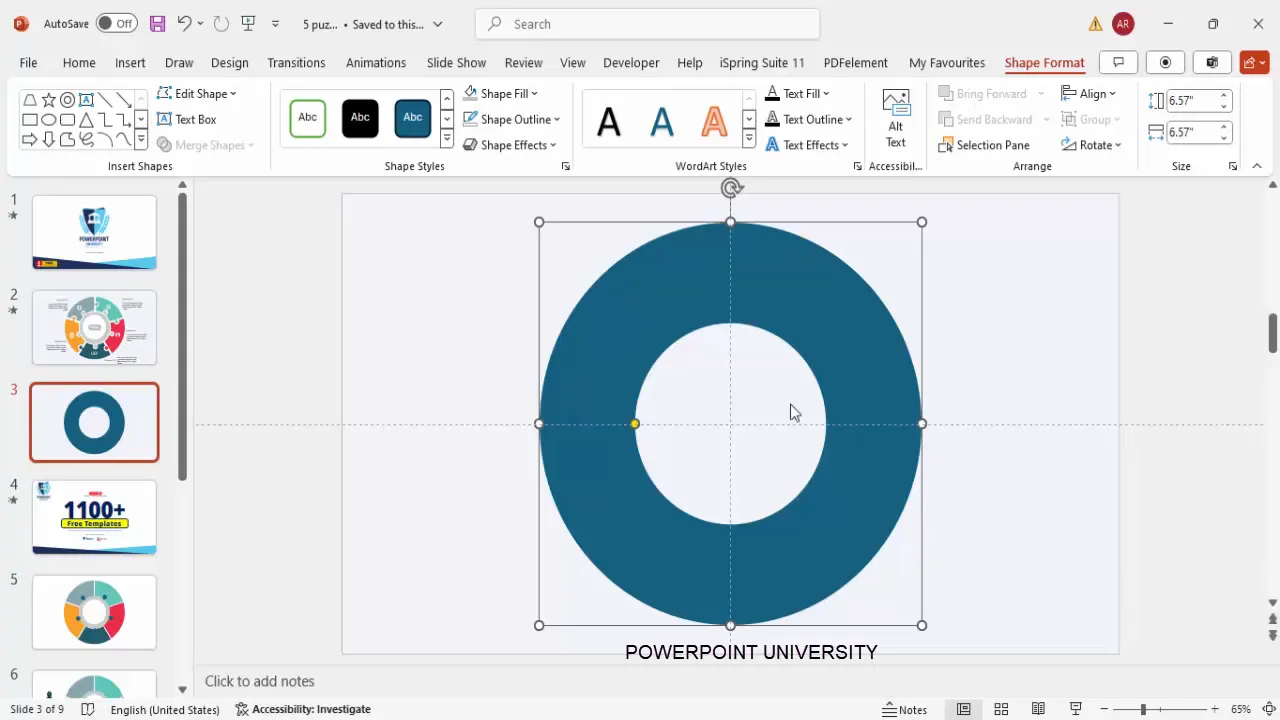 Creating and centering the hollow circle shape in PowerPoint